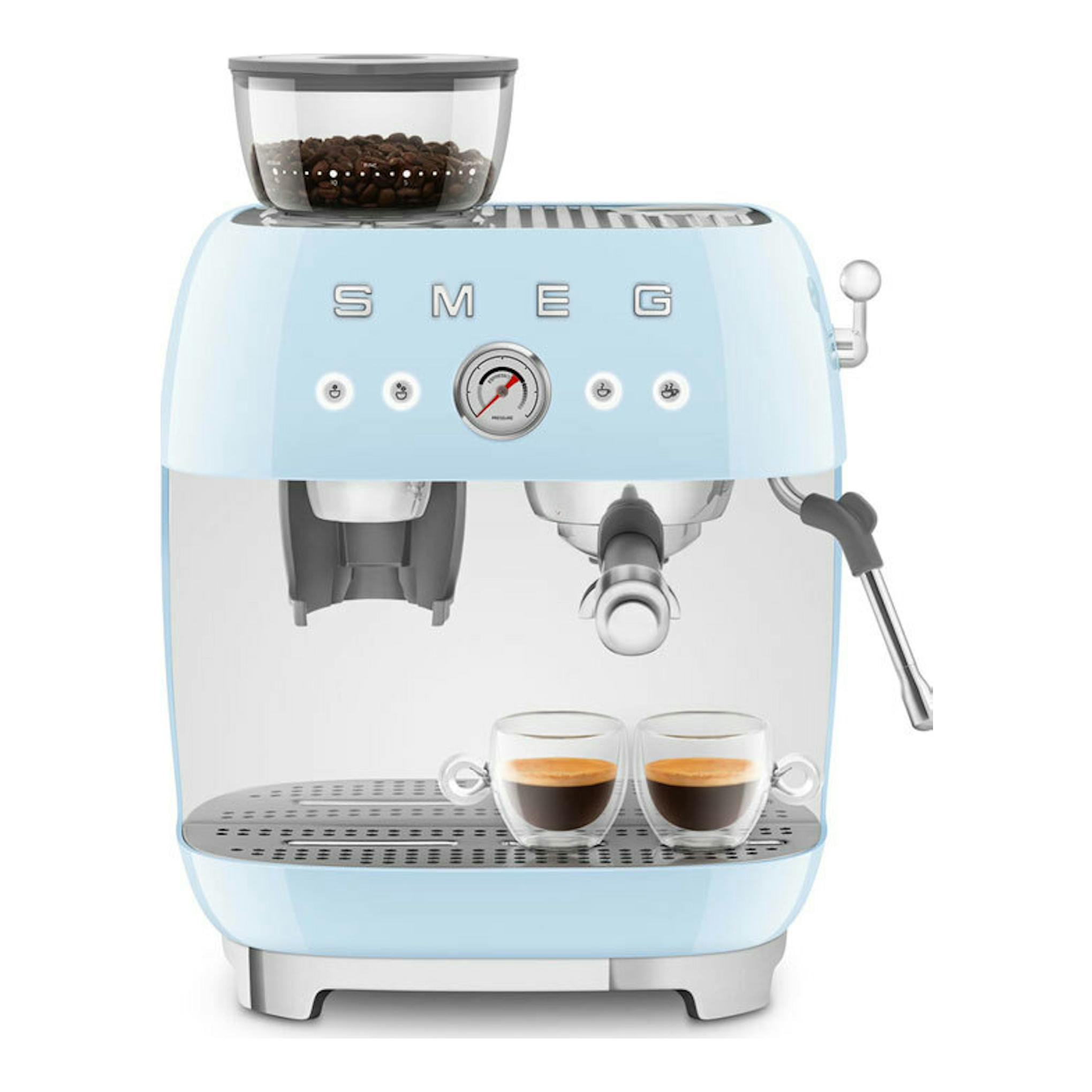 Cafetera espresso Smeg EGF03PBEU azul claro, vista frontal, con molinillo superior y dos tazas.
