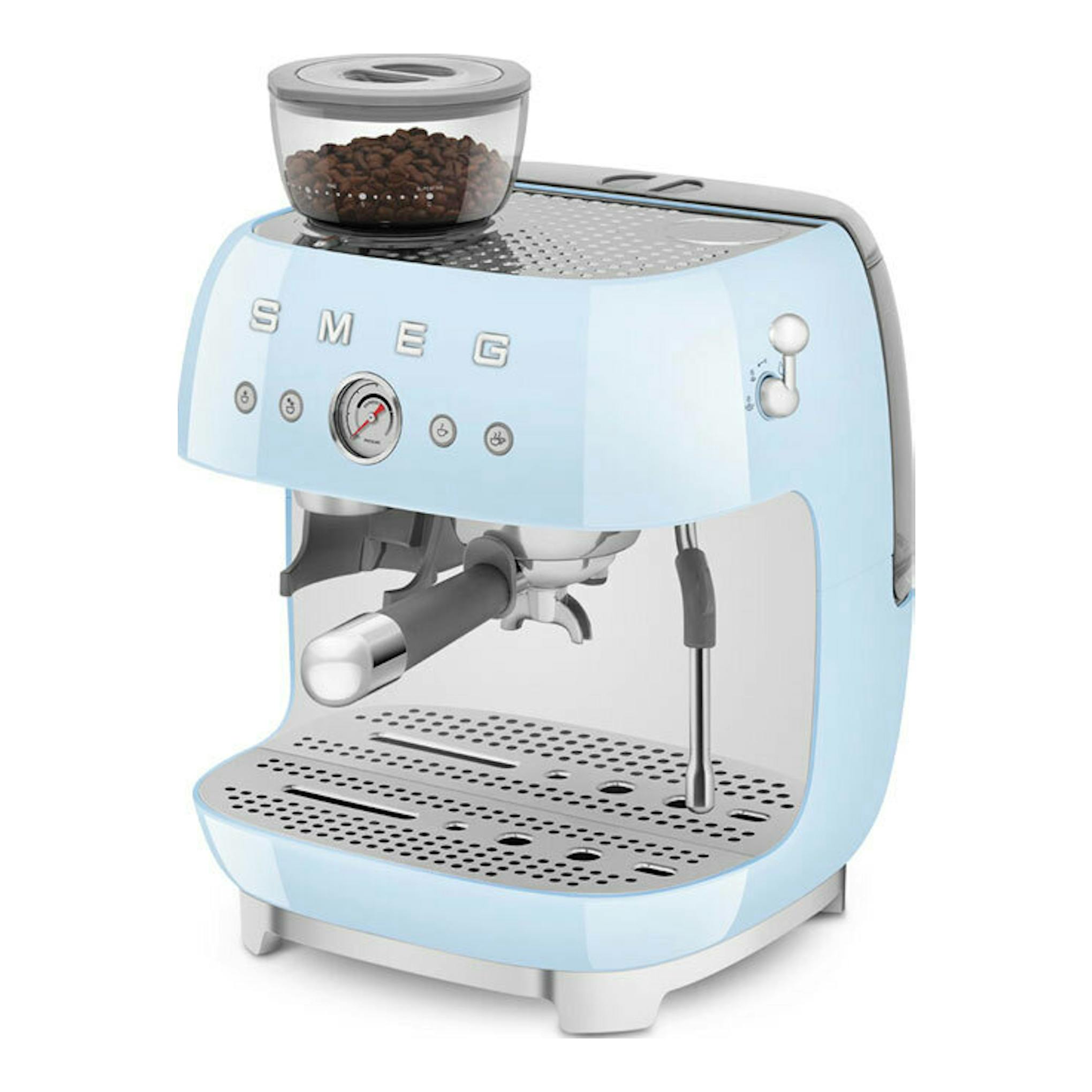 Cafetera espresso Smeg EGF03PBEU azul claro, vista frontal en ángulo, con molinillo y vaporizador.