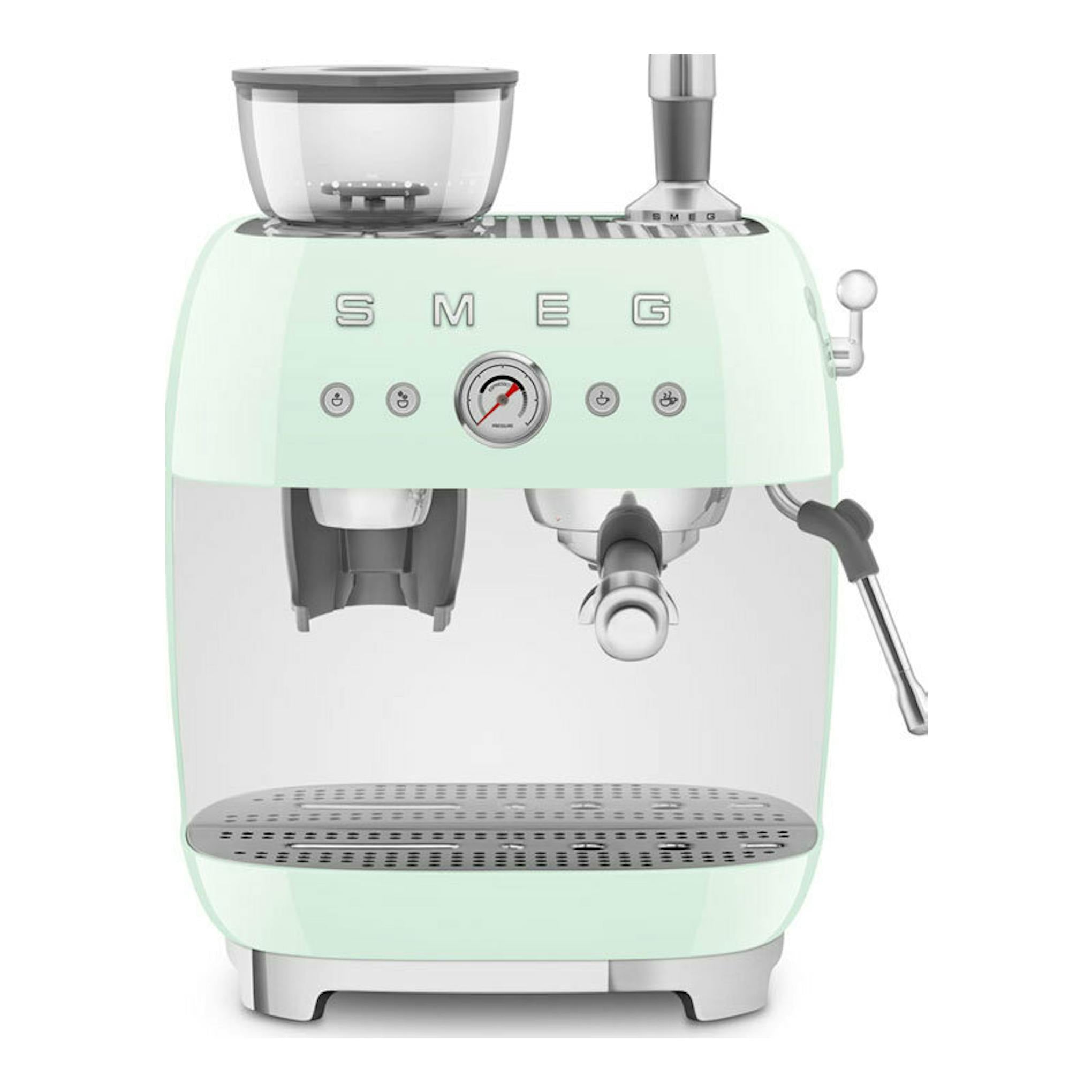Cafetera espresso Smeg EGF03PGEU verde menta, vista frontal, con molinillo y lanza de vapor.