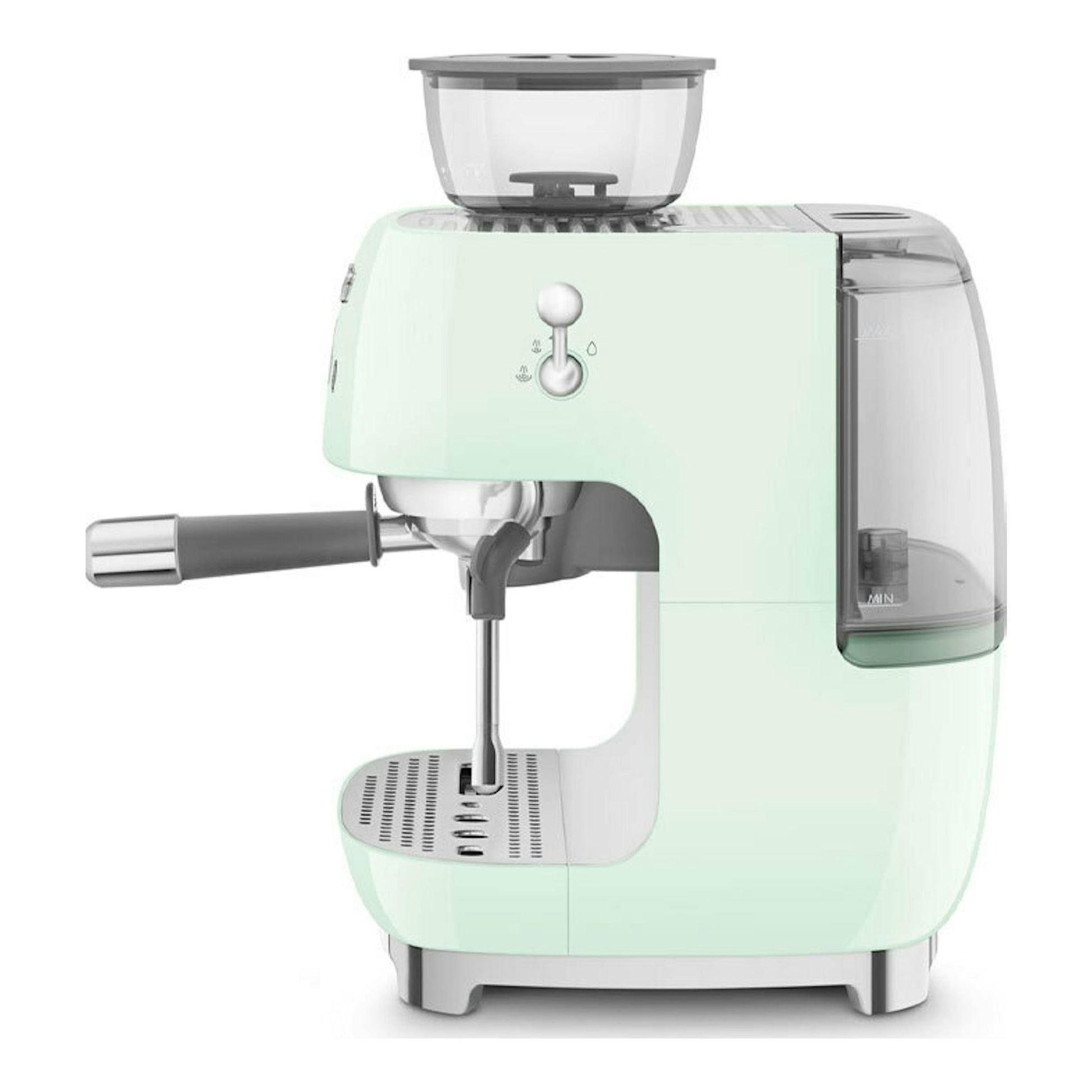Cafetera espresso Smeg EGF03PGEU verde menta, vista frontal, con portafiltro, vaporizador y depósito lateral.