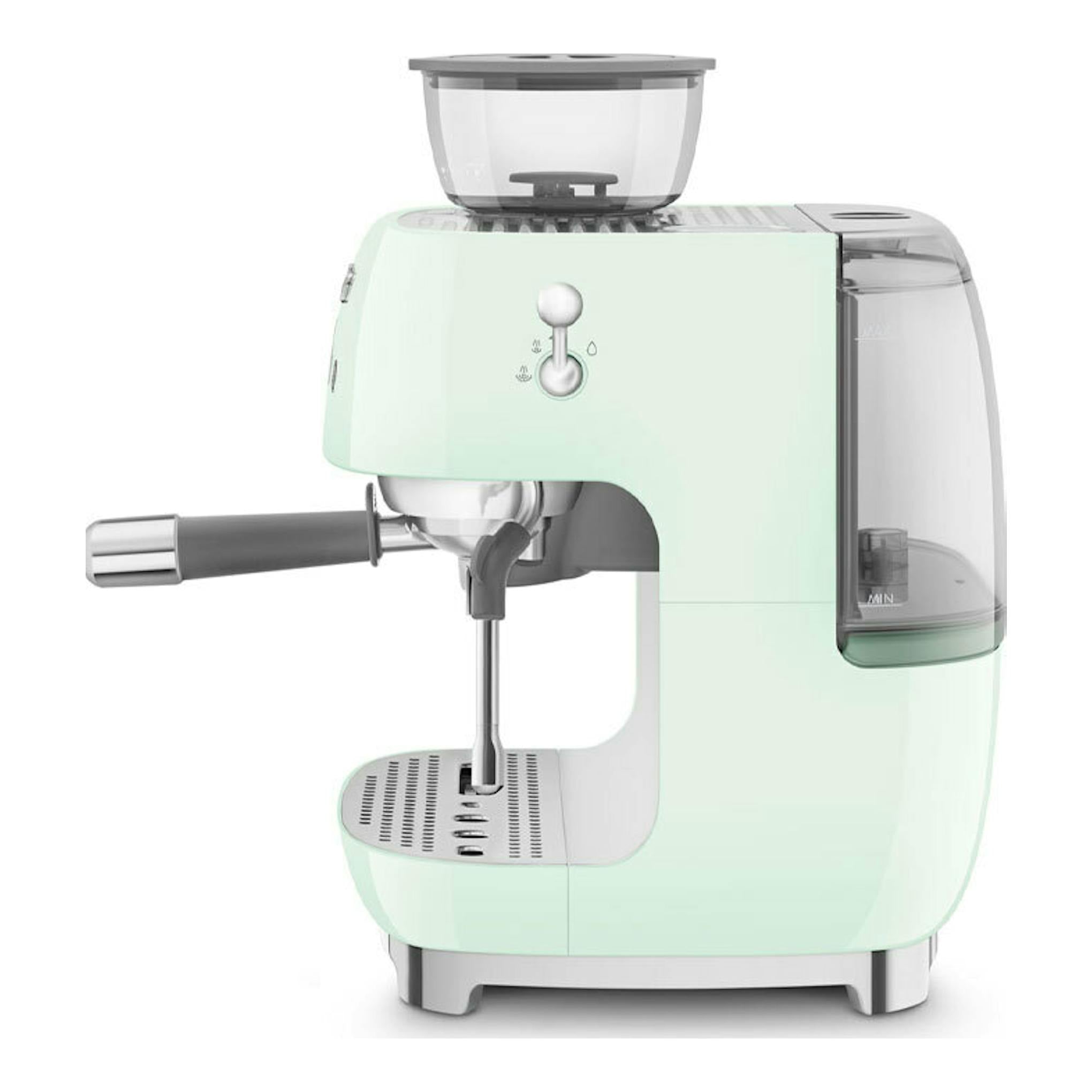 Cafetera espresso Smeg EGF03PGEU verde menta, vista frontal, con portafiltro, vaporizador y depósito lateral.