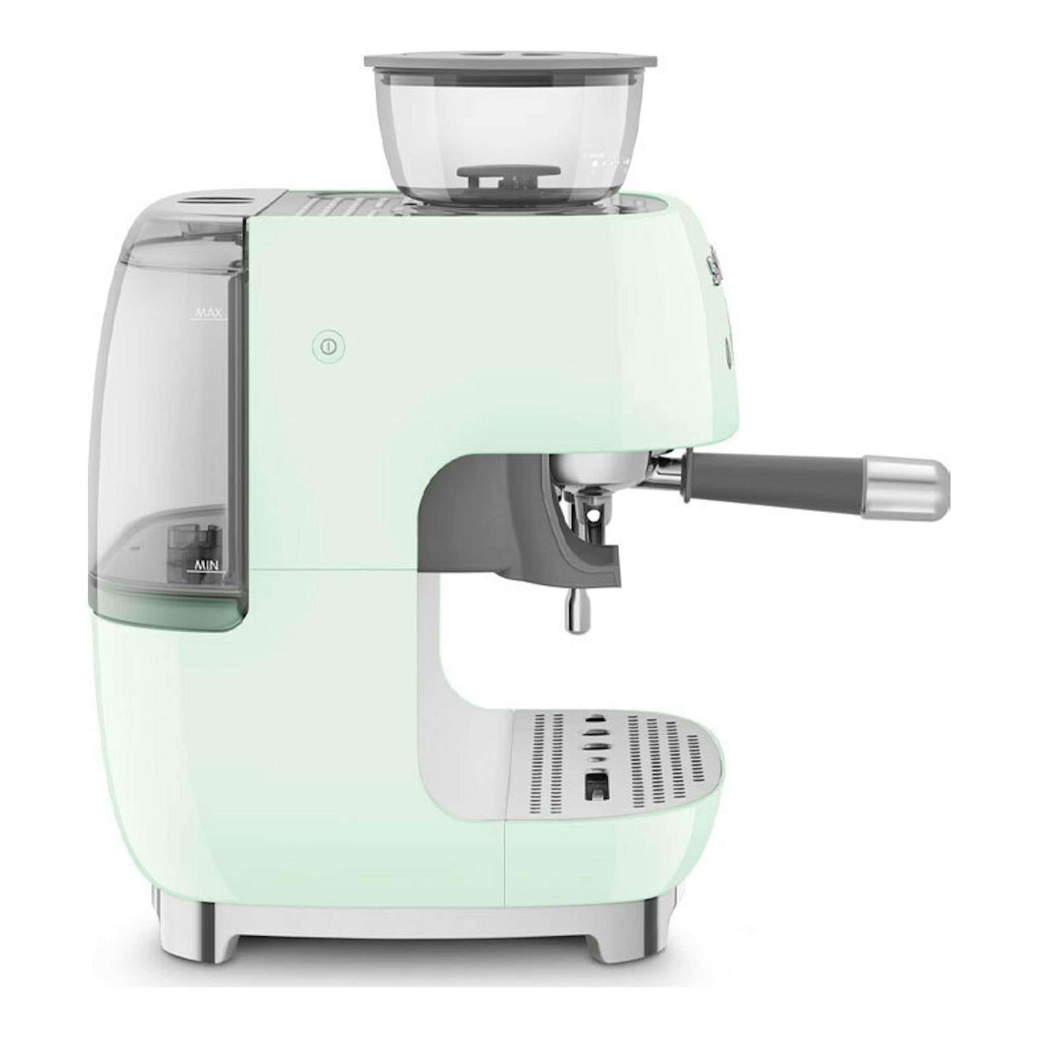 Cafetera espresso Smeg EGF03PGEU verde menta, vista frontal lateral, con portafiltro y depósito.