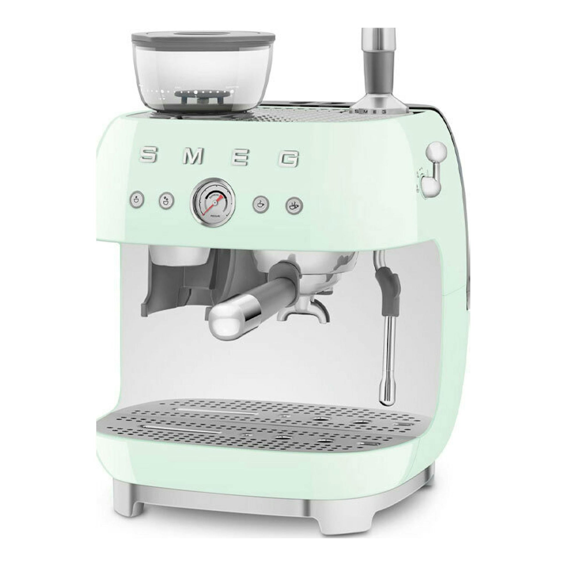 Cafetera espresso Smeg EGF03PGEU verde menta, vista frontal, con molinillo superior y portafiltro.