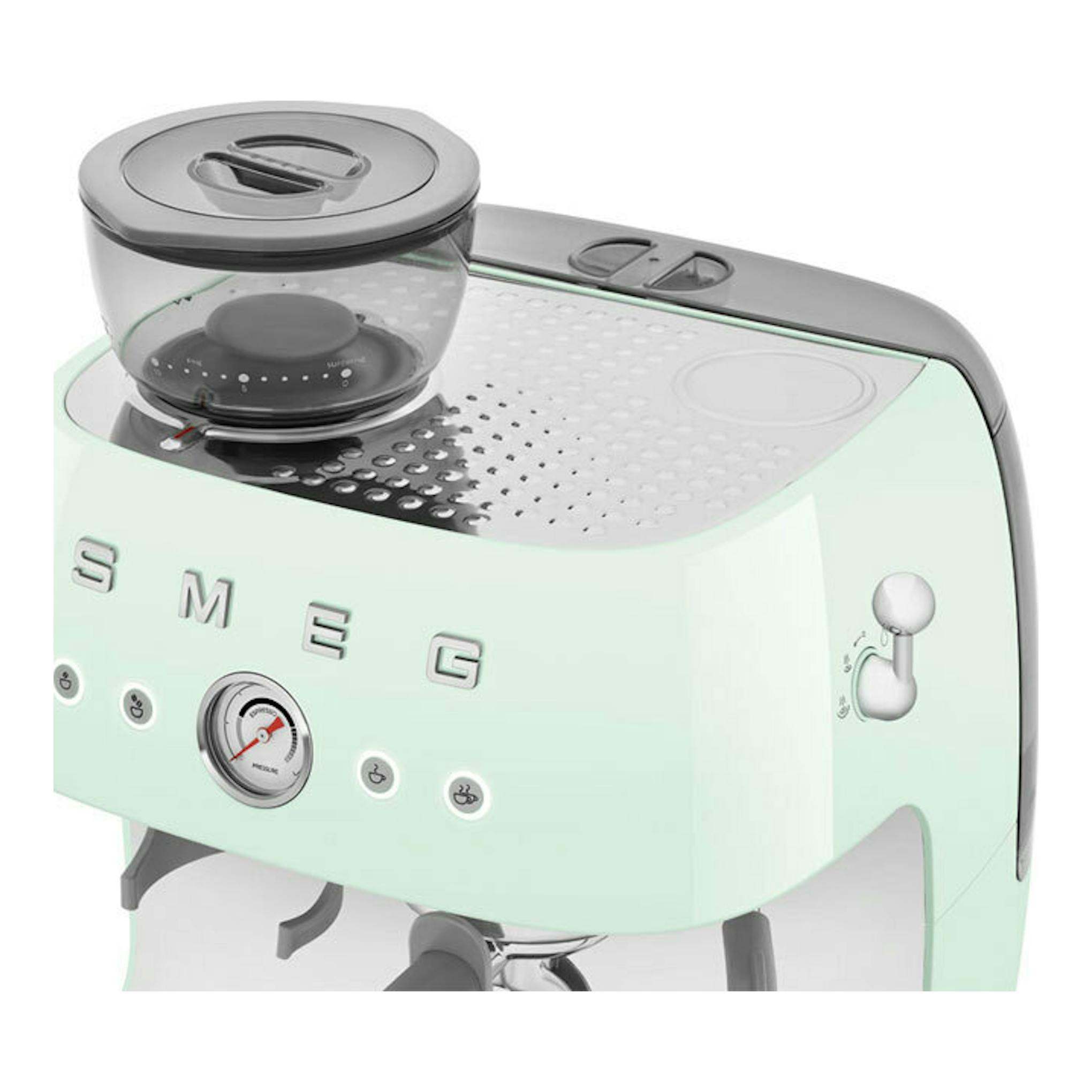 Máquina de café espresso Smeg EGF03PGEU verde menta, vista frontal en ángulo con depósito superior.