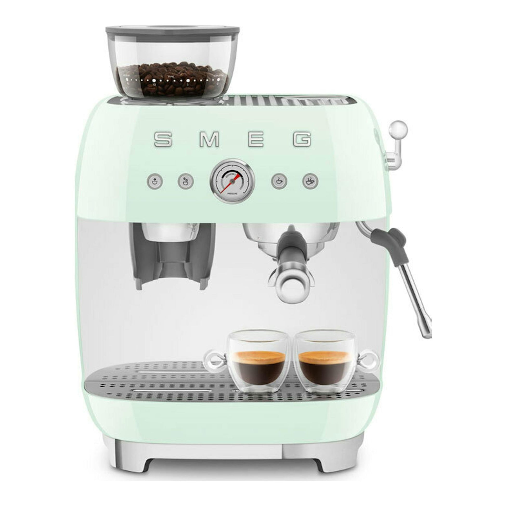 Cafetera espresso Smeg EGF03PGEU verde menta, vista frontal, con molinillo y dos tazas.
