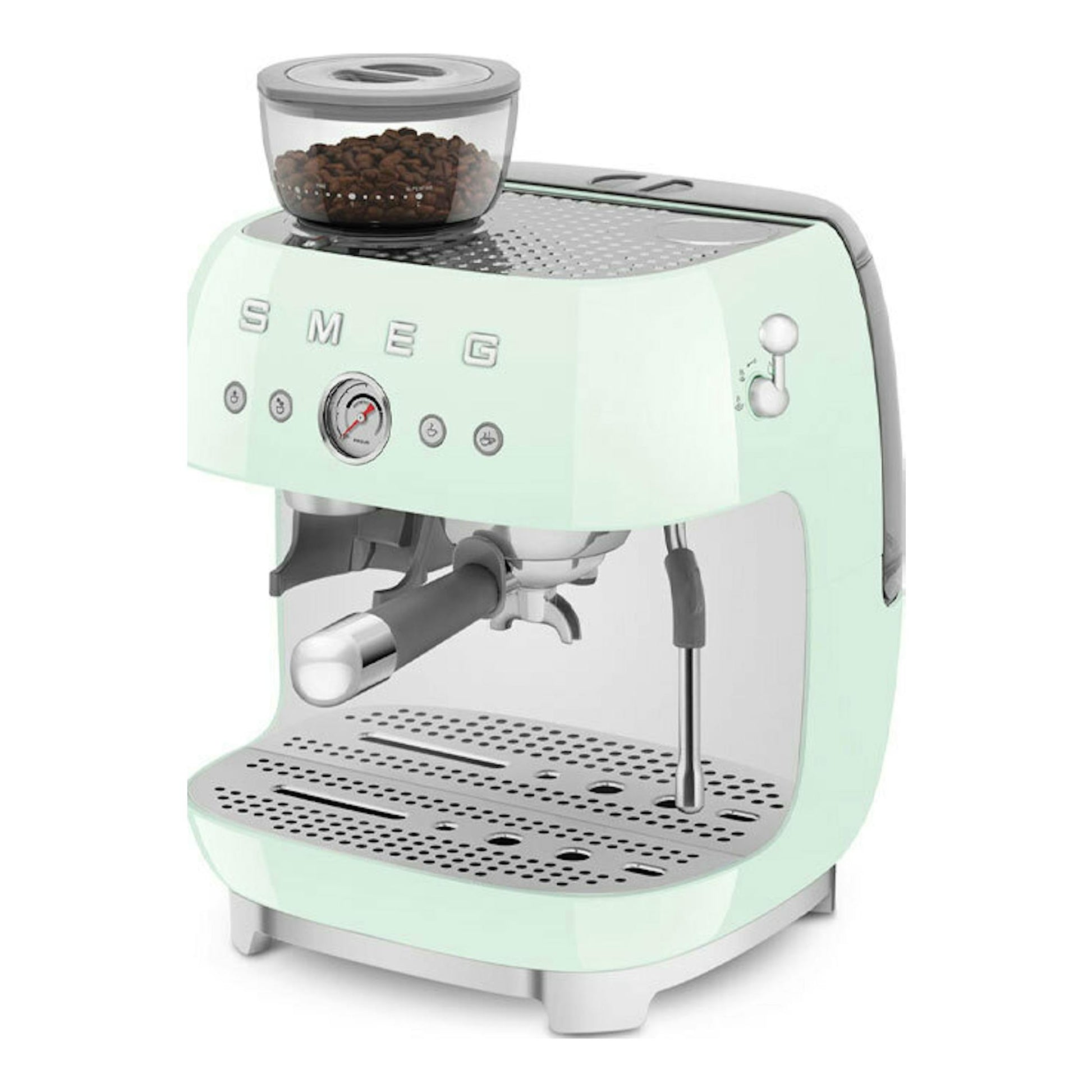 Cafetera espresso Smeg EGF03PGEU verde menta, vista frontal en tres cuartos, con molinillo y vaporizador.