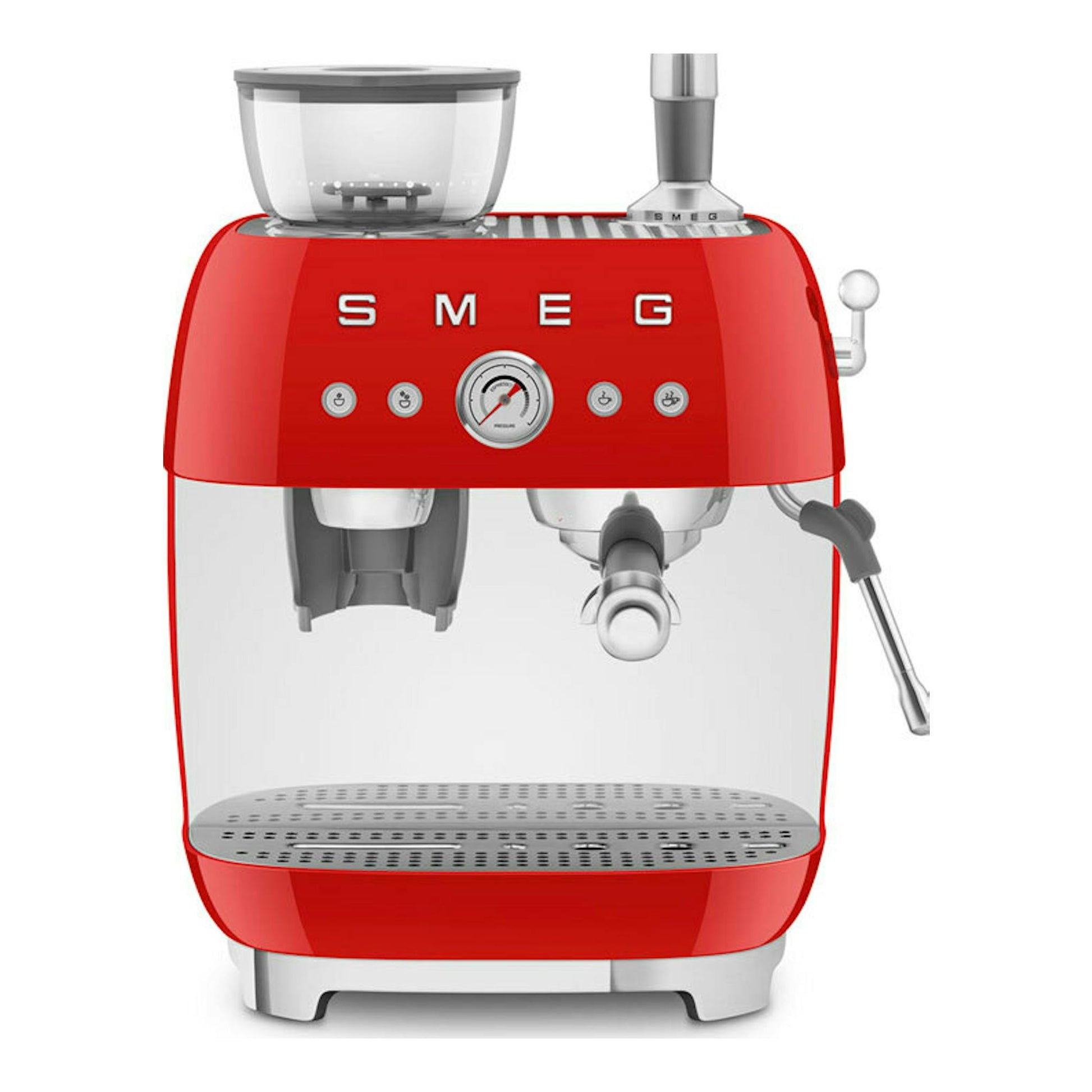 Cafetera espresso Smeg EGF03RDEU roja, vista frontal, con depósito superior, manómetro y brazo vaporizador.