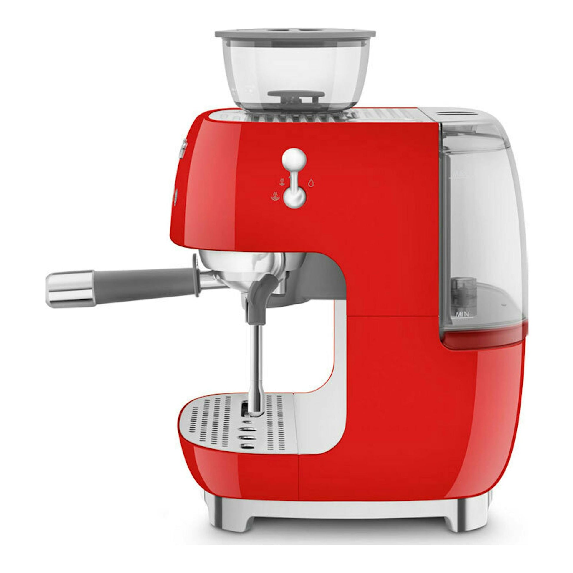 Cafetera espresso Smeg EGF03RDEU roja, vista frontal lateral, con portafiltro y depósito transparente.