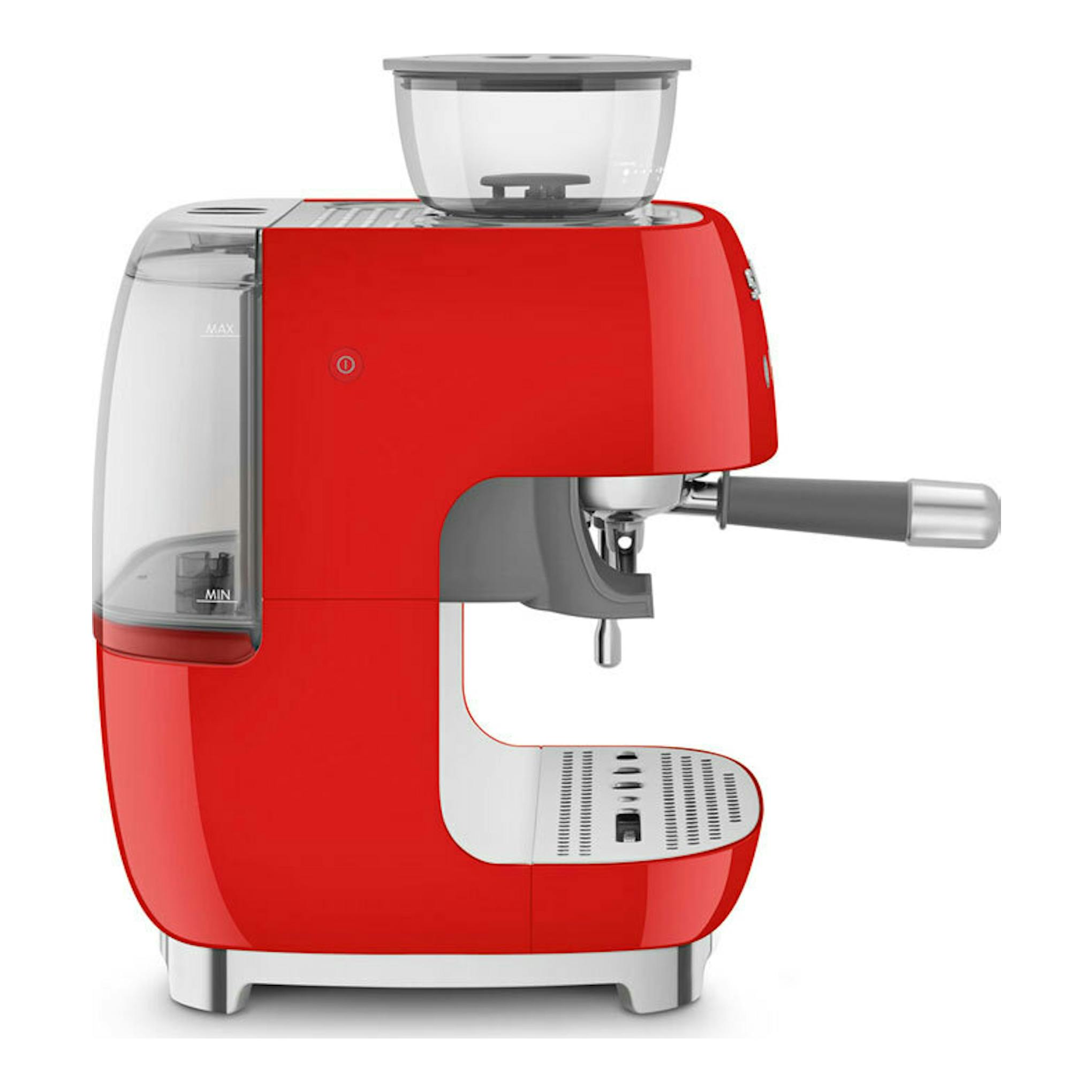 Cafetera espresso Smeg EGF03RDEU roja, vista frontal lateral izquierda, con molinillo y portafiltro.