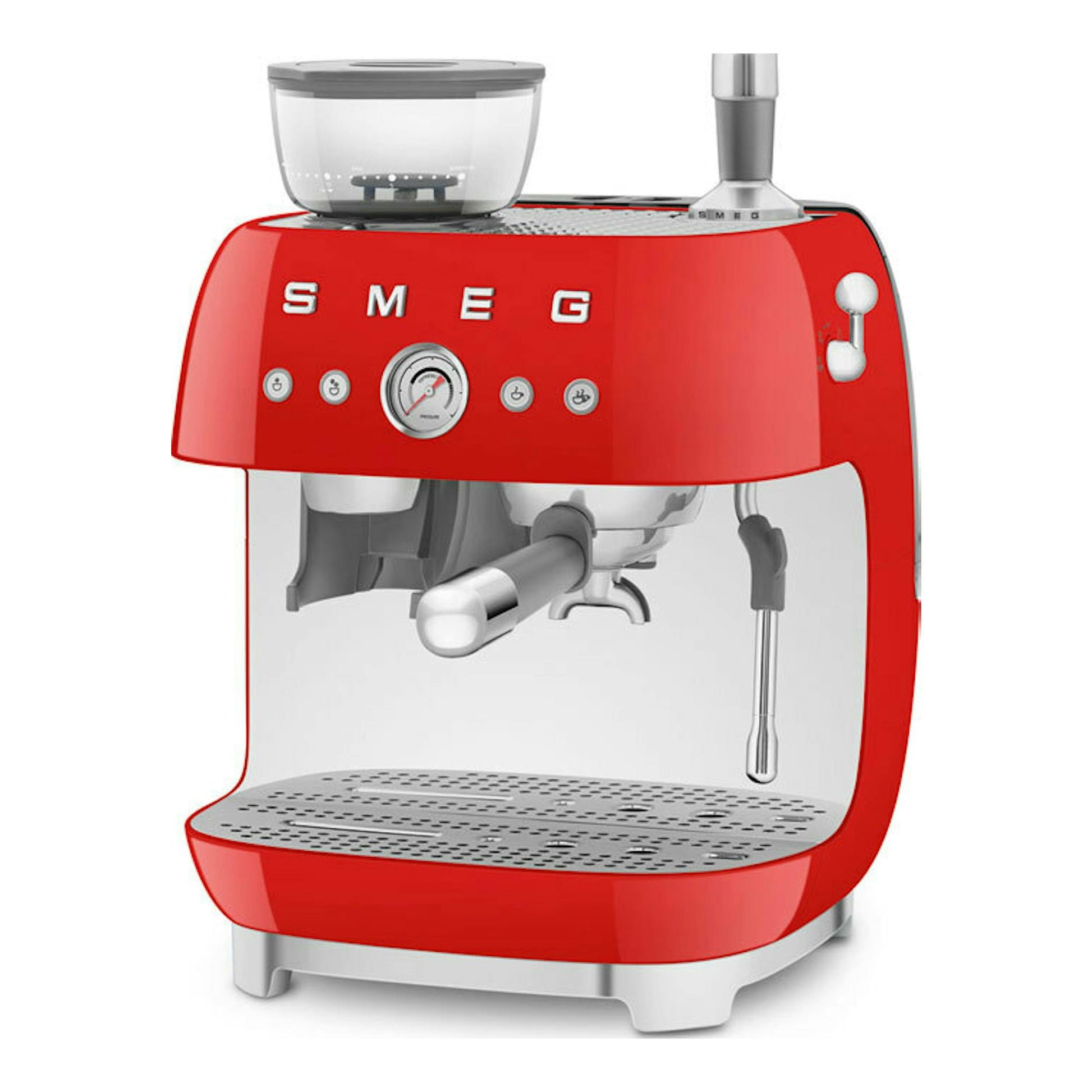 Cafetera espresso Smeg EGF03RDEU roja, vista frontal, con manómetro, portafiltro y varilla de vapor.