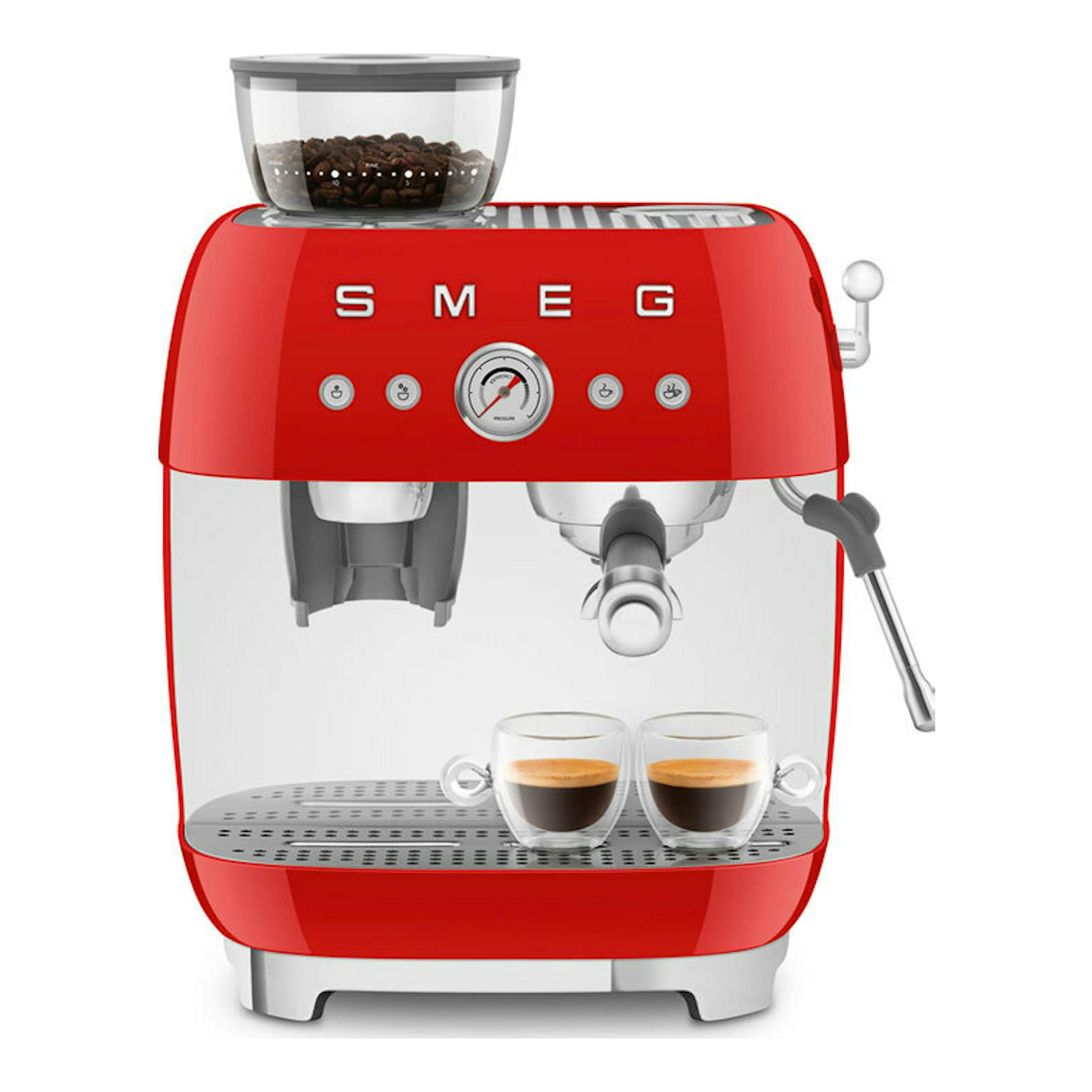Cafetera espresso Smeg EGF03RDEU roja, vista frontal, con molinillo, manómetro y dos tazas.