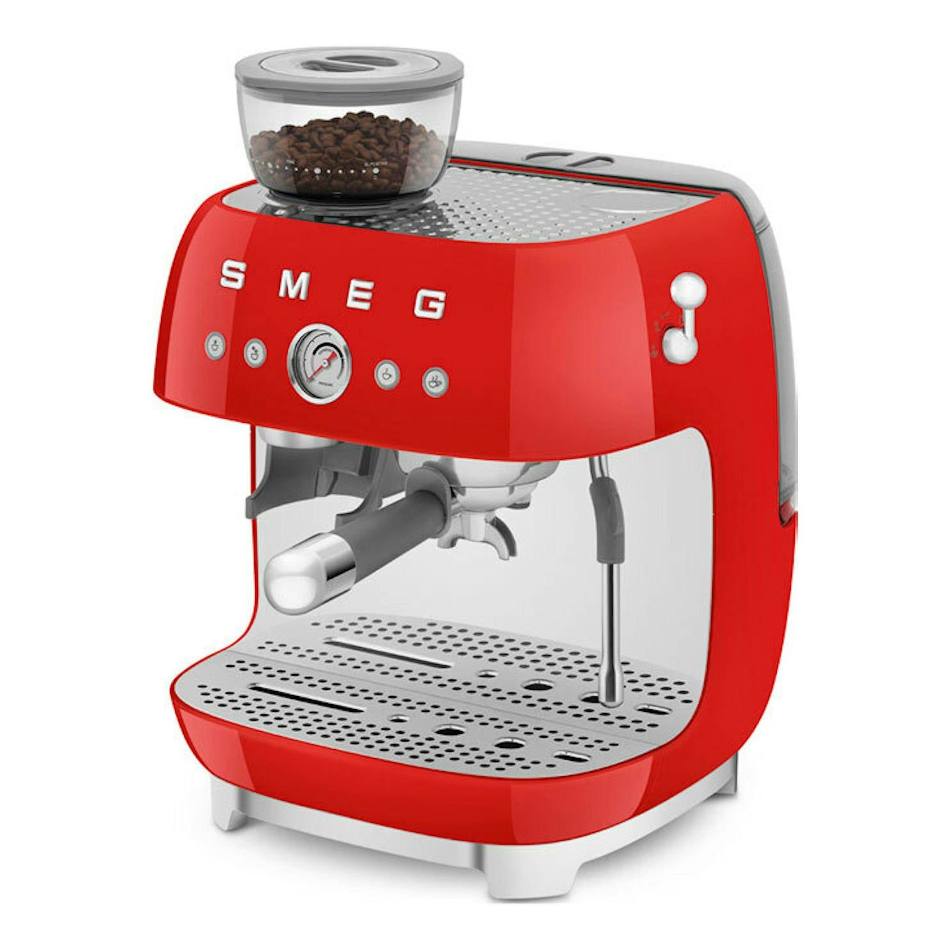 Cafetera espresso Smeg EGF03RDEU roja, vista frontal en tres cuartos, con depósito de granos.