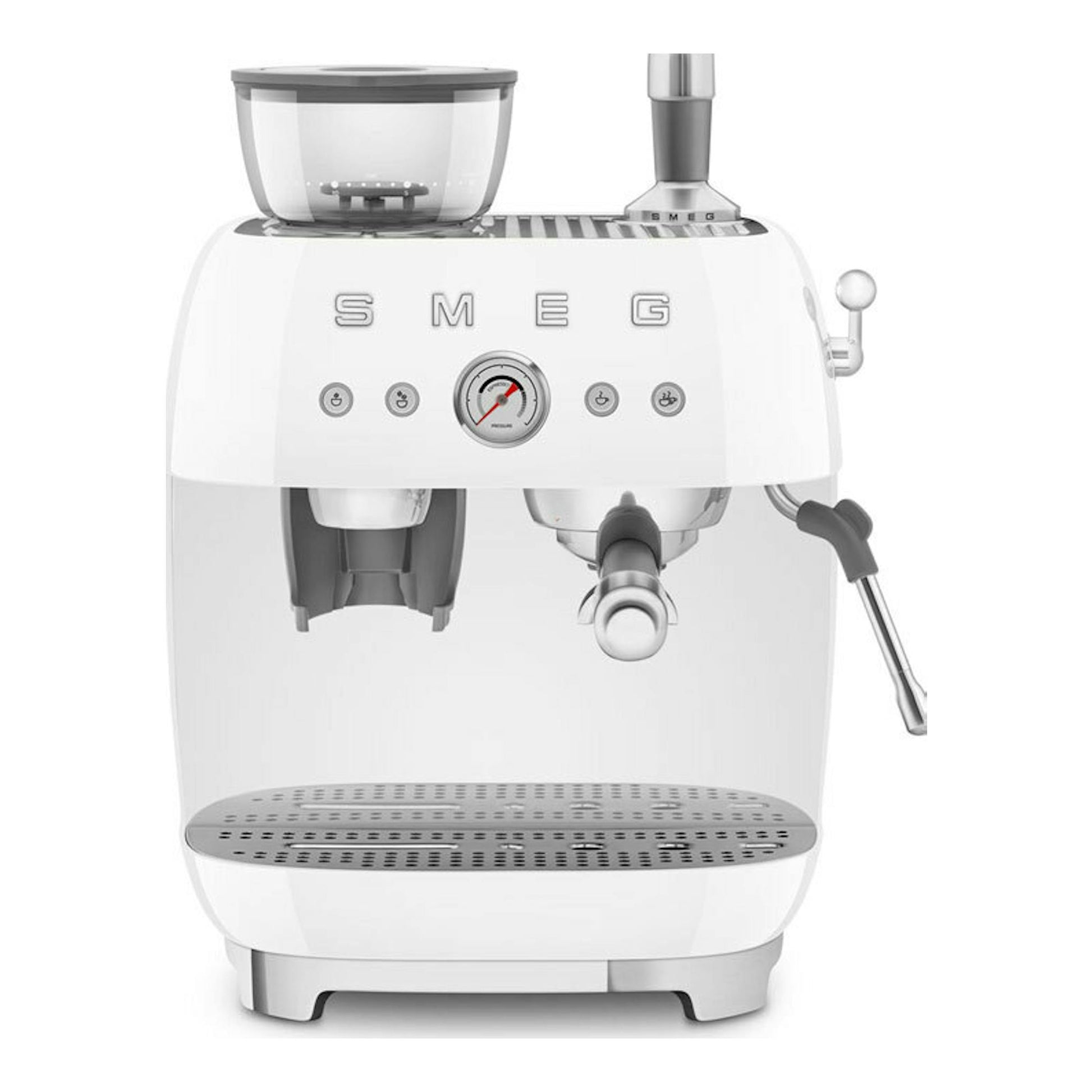 Cafetera espresso Smeg EGF03WHEU blanca, vista frontal, con molinillo, manómetro y vaporizador.