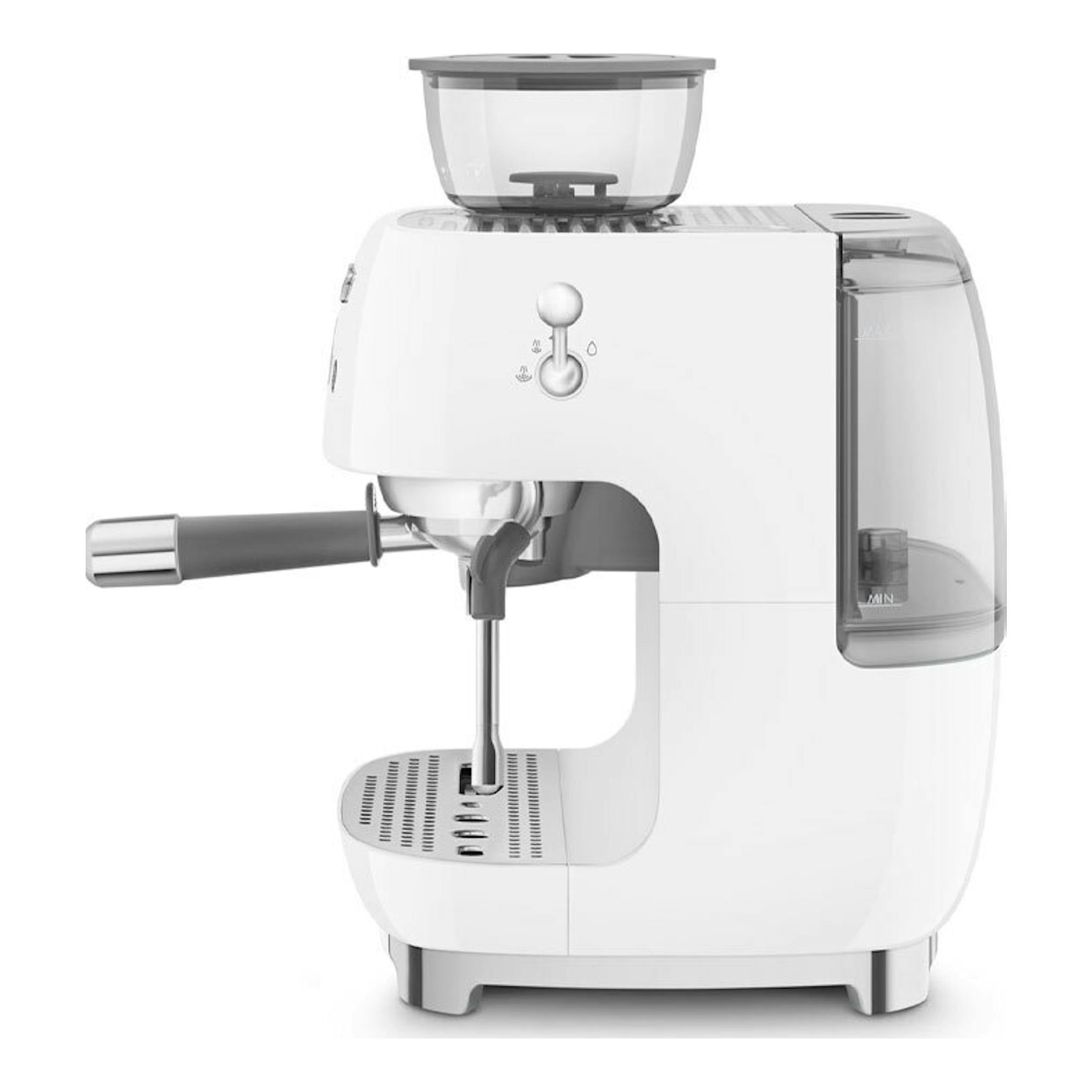 Cafetera espresso Smeg EGF03WHEU blanca, vista frontal, con molinillo superior y depósito lateral transparente.