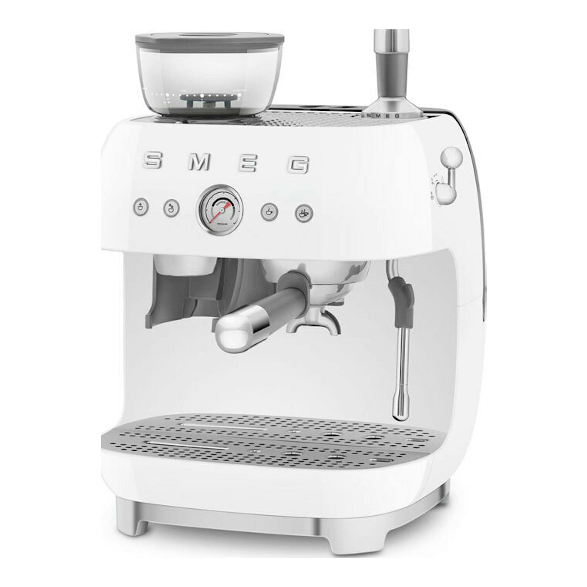 Cafetera espresso Smeg EGF03WHEU blanca, vista frontal, con panel, molinillo superior y portafiltro.