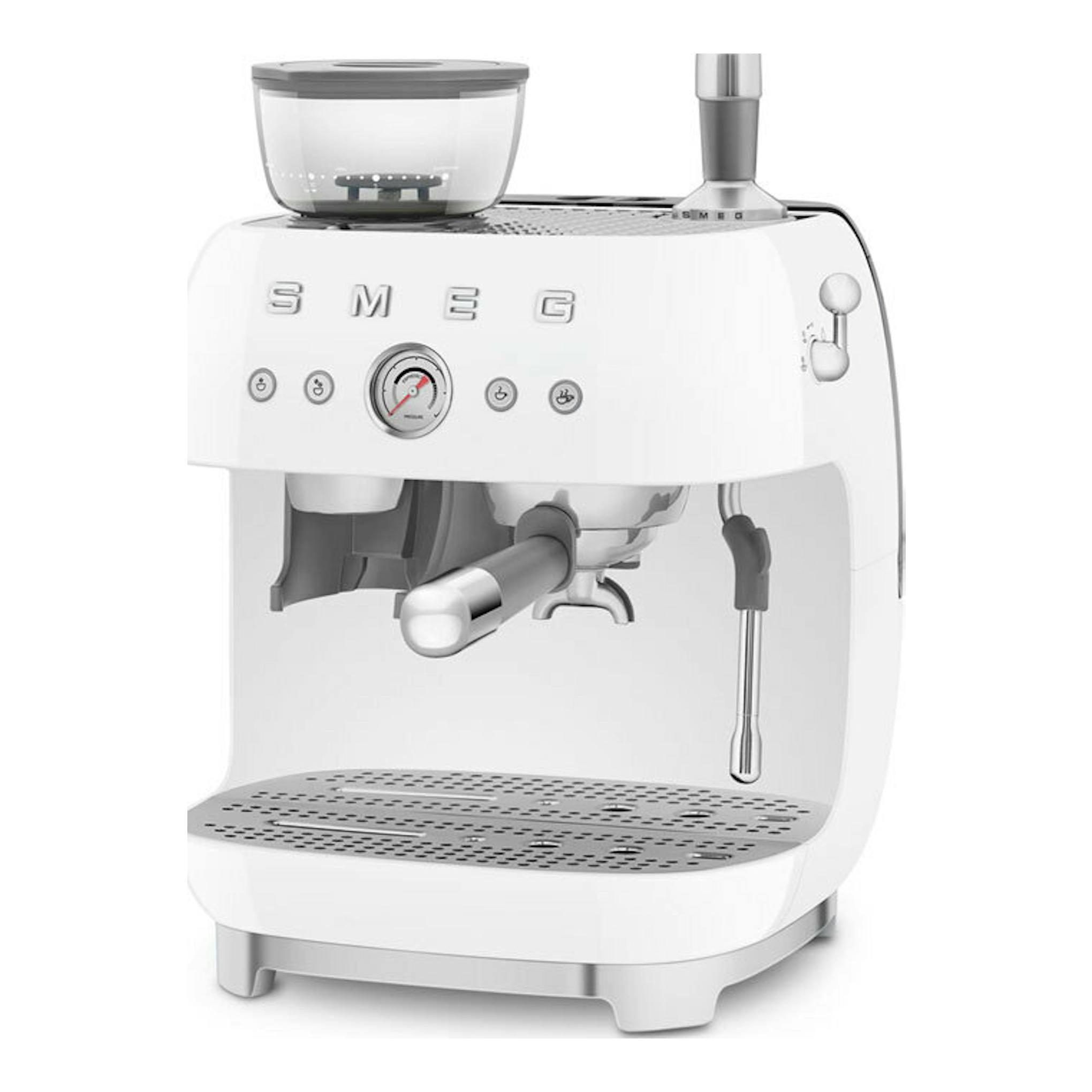 Cafetera espresso Smeg EGF03WHEU blanca, vista frontal, con panel, molinillo superior y portafiltro.
