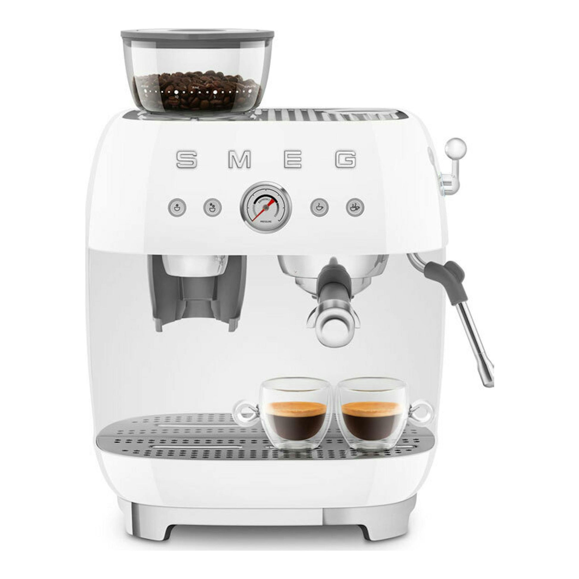 Cafetera espresso Smeg EGF03 blanca, vista frontal, con molinillo superior, manómetro central y dos tazas.