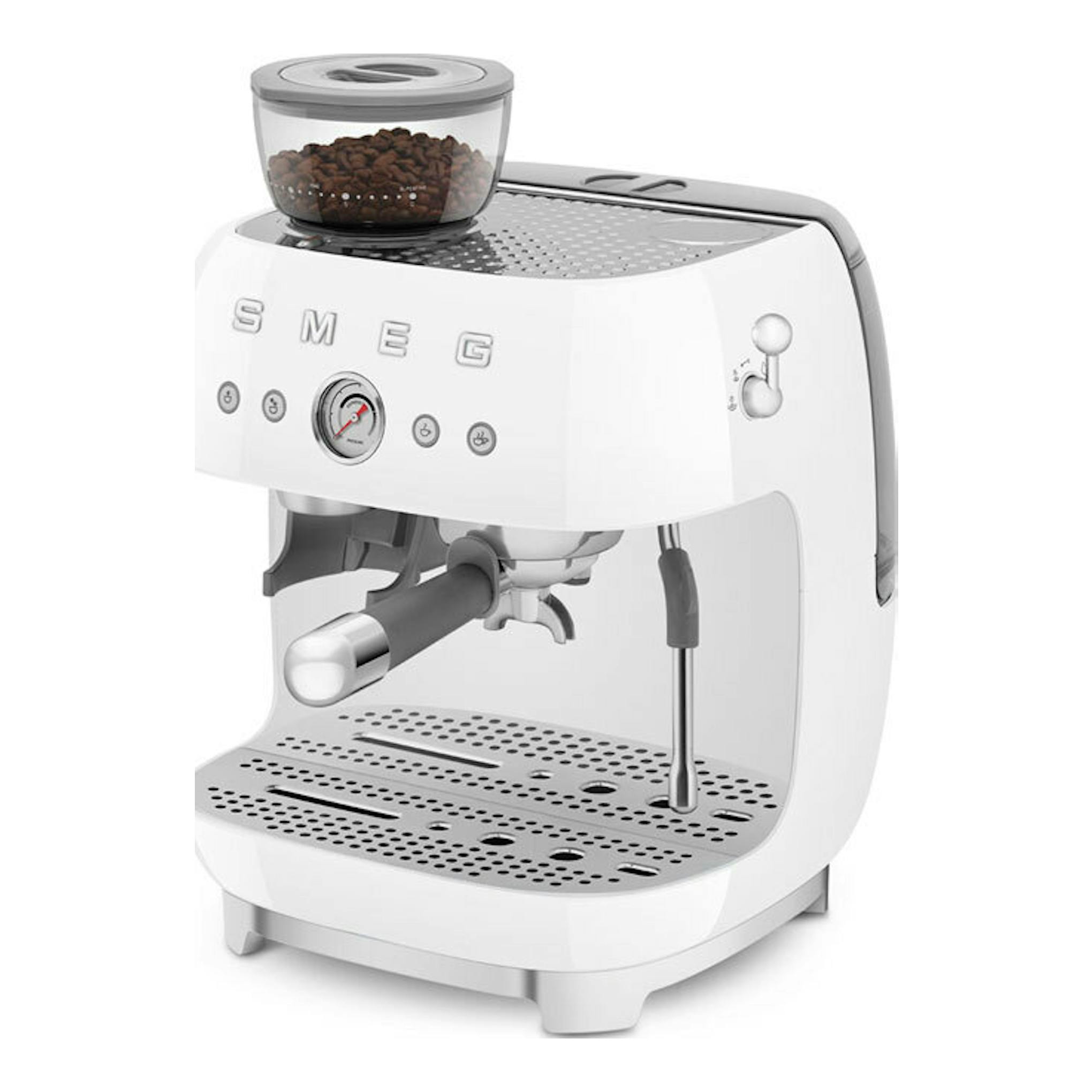 Cafetera espresso Smeg EGF03WHEU blanca, vista frontal en ángulo, con molino superior y portafiltro.