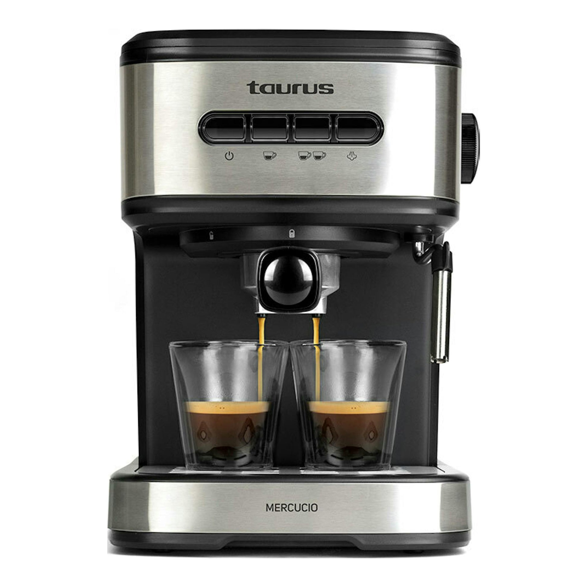 Cafetera espresso Taurus Mercucio negra y plateada, vista frontal, con dos tazas llenándose de café.