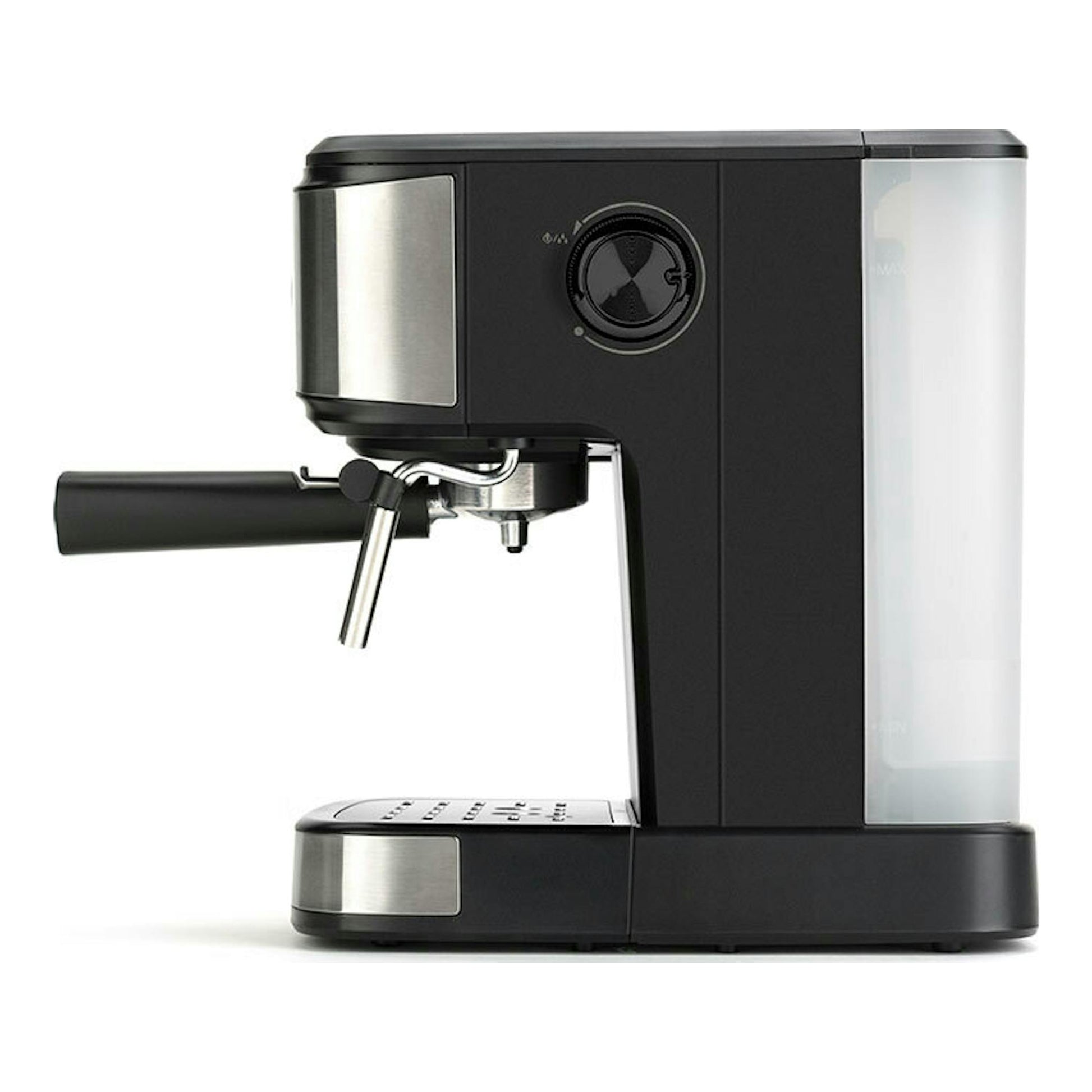 Cafetera expresso Taurus Mercucio negra, vista lateral, con portafiltro, panel metálico y depósito transparente.