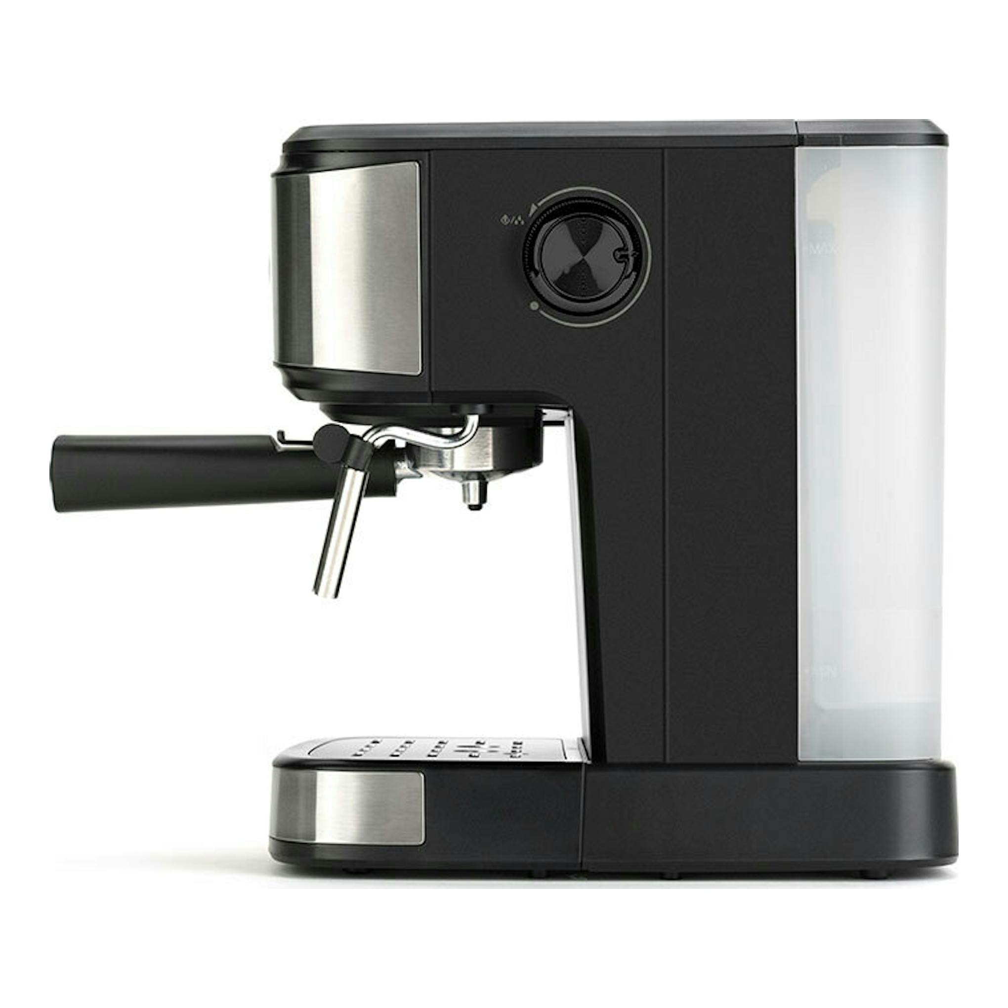 Cafetera expresso Taurus Mercucio negra, vista lateral, con portafiltro, panel metálico y depósito transparente.