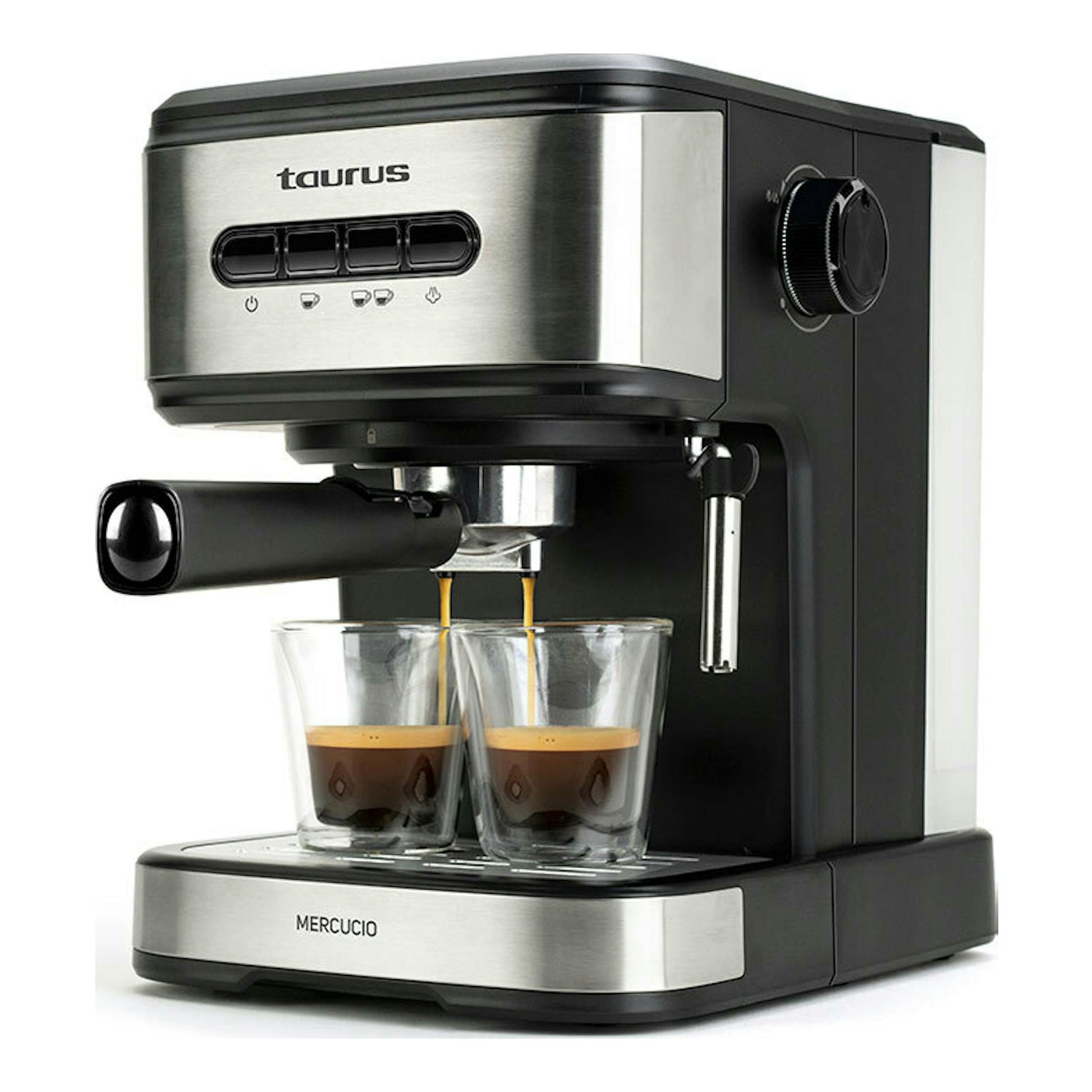 Cafetera expresso Taurus Mercucio negra y acero, vista frontal lateral, con dos tazas bajo el grupo.