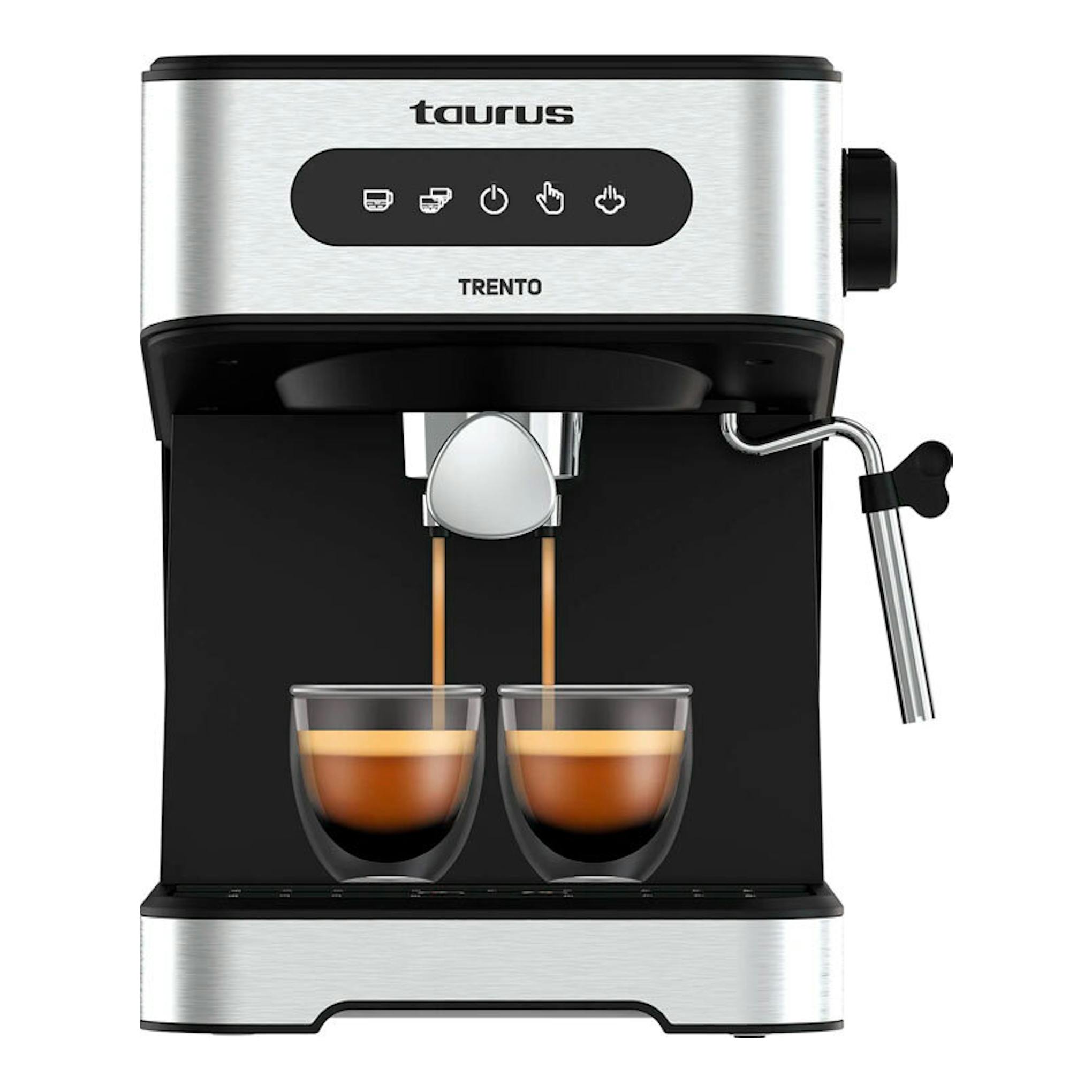 Cafetera espresso Taurus Trento, vista frontal, en acero inoxidable y negro, con dos tazas.