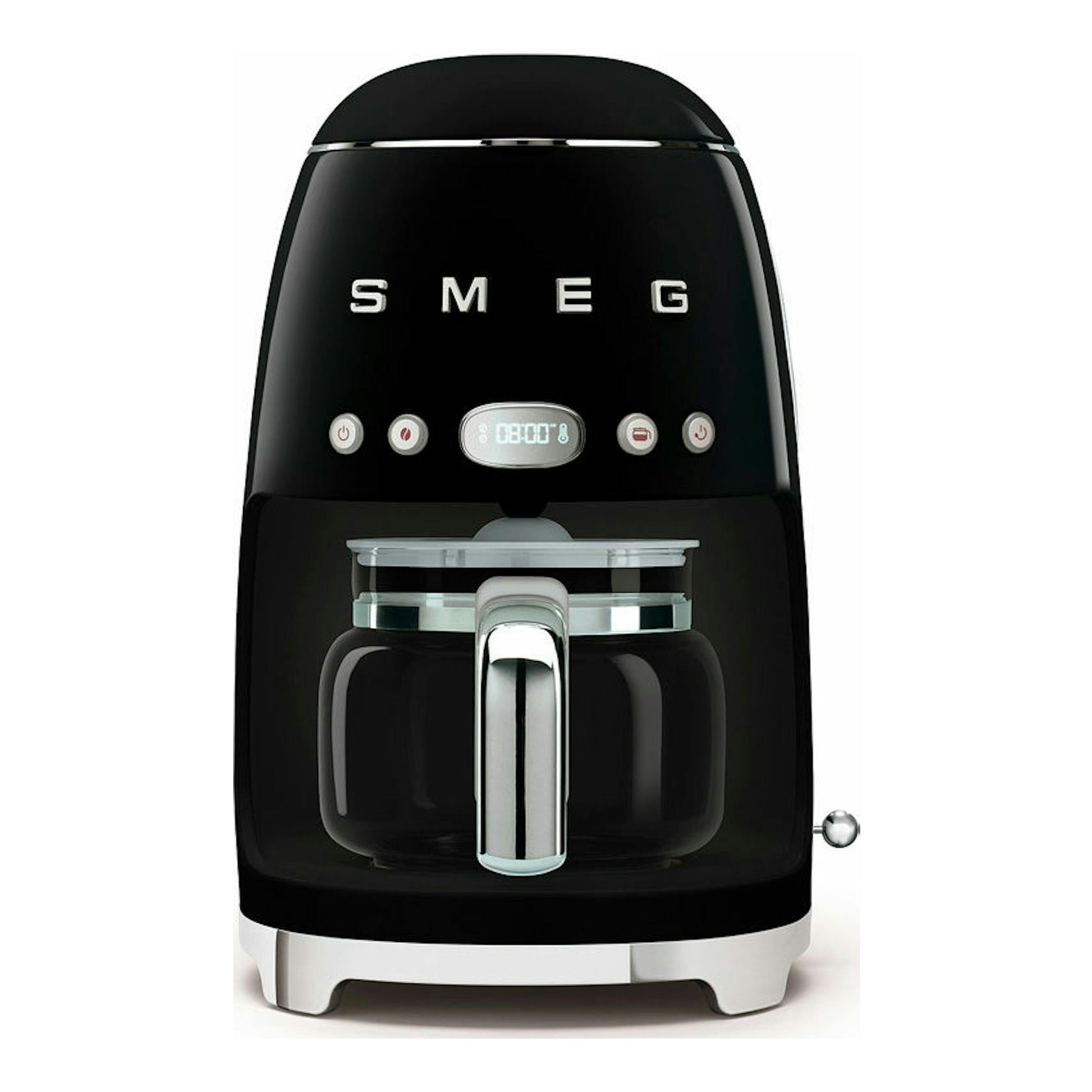 Cafetera de goteo Smeg DCF02BLEU negra, vista frontal, con jarra de vidrio y panel digital.
