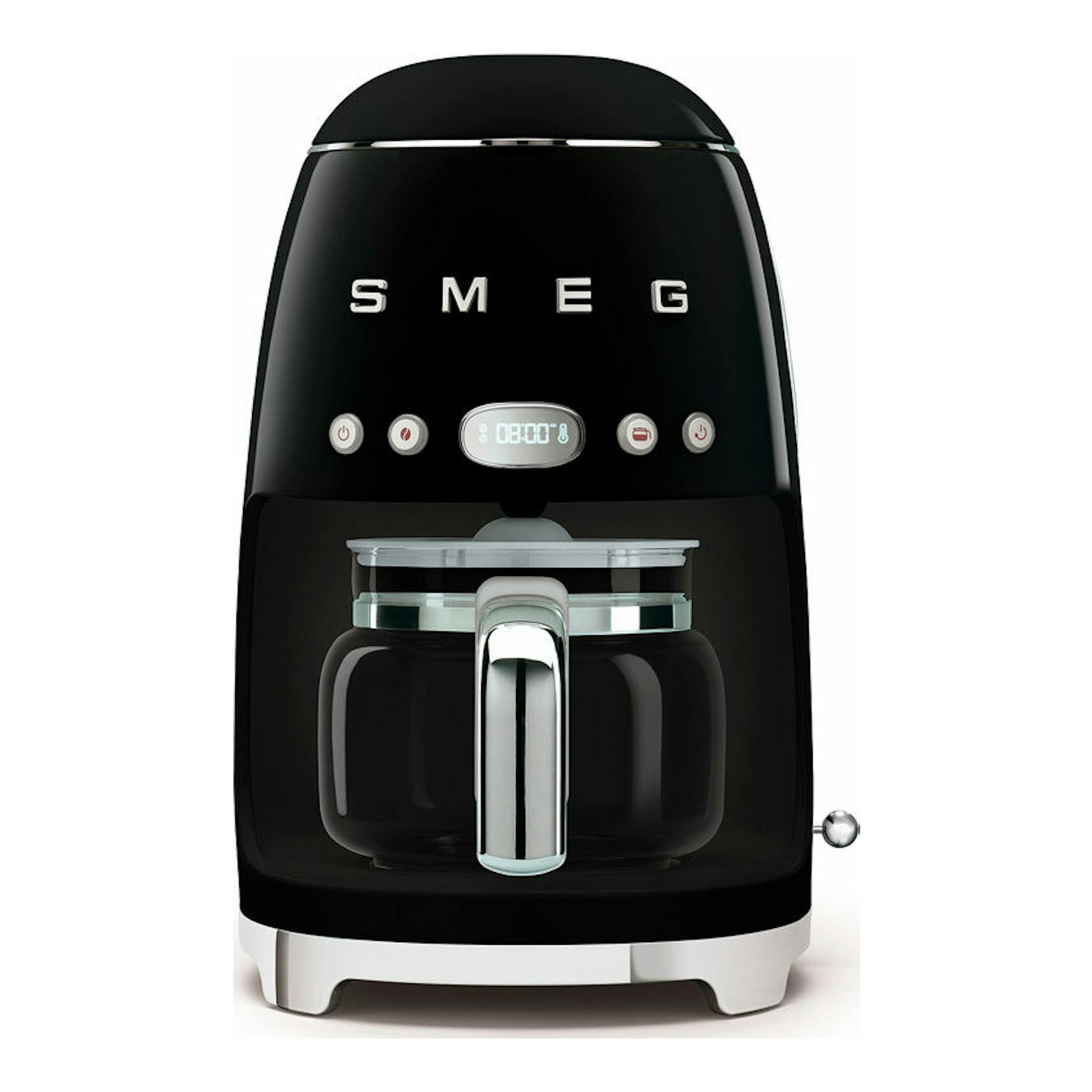 Cafetera de goteo Smeg DCF02BLEU negra, vista frontal, con jarra de vidrio y panel digital.