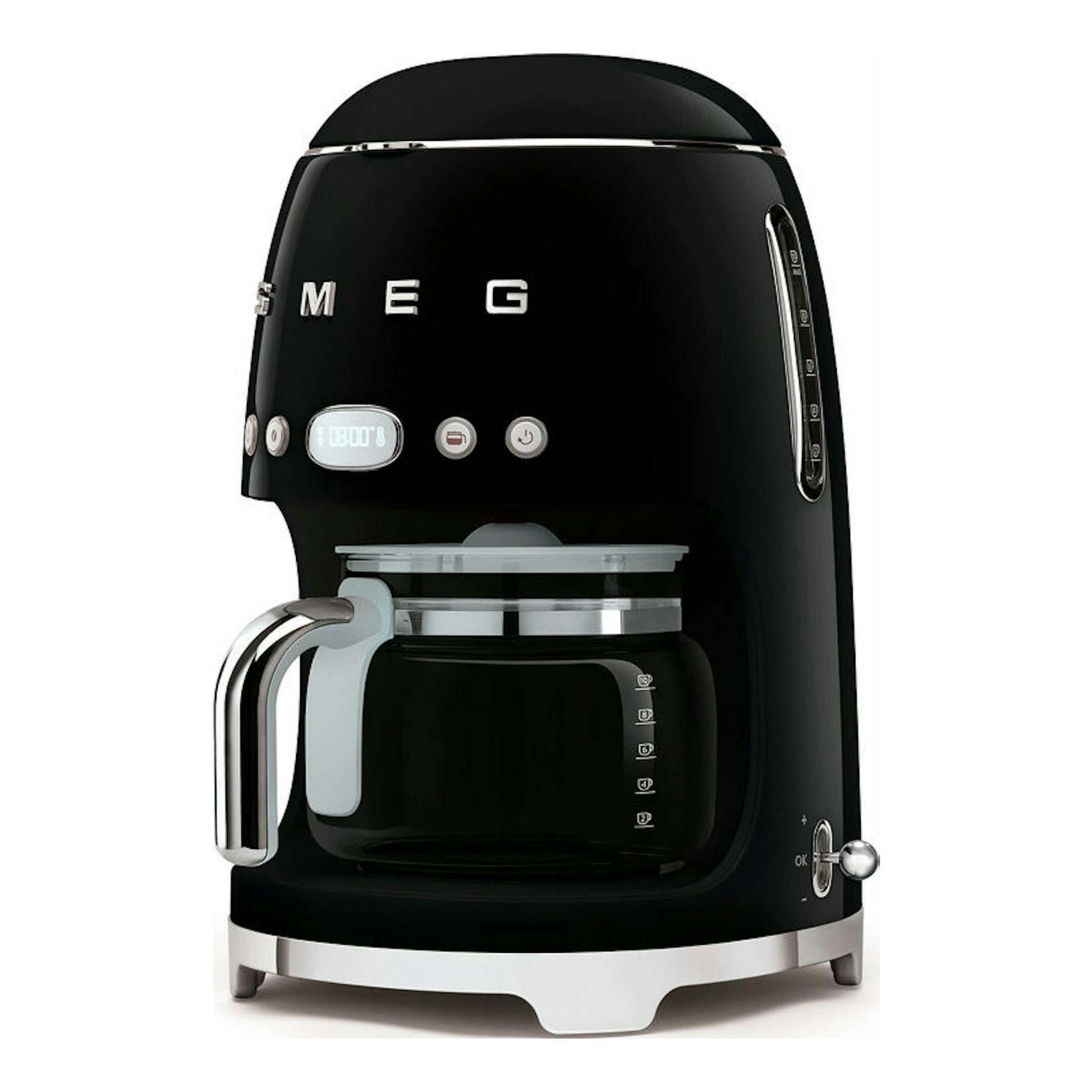 Cafetera de goteo Smeg DCF02BLEU negra, vista frontal, con jarra de vidrio y detalles cromados.