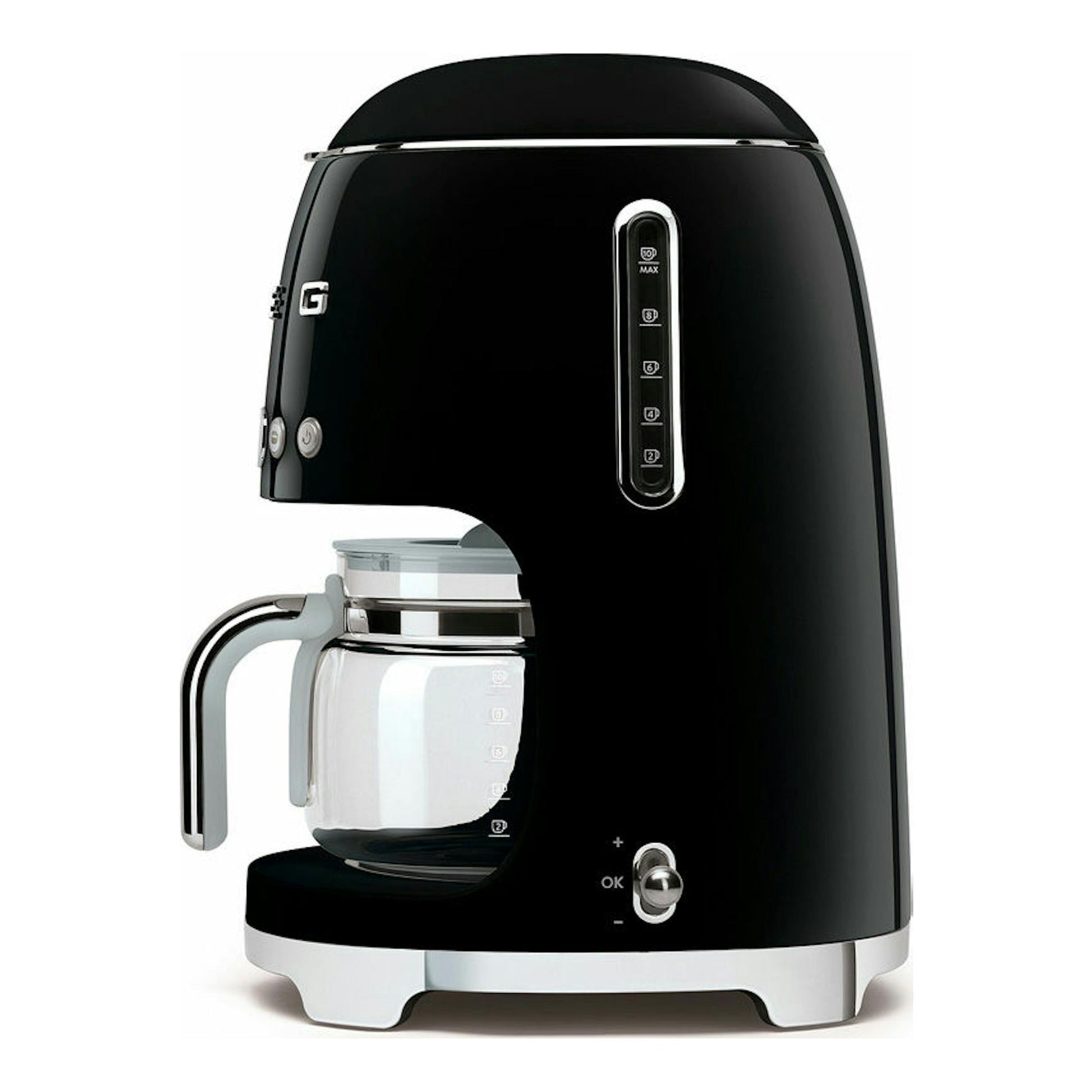 Cafetera de goteo Smeg DCF02BLEU negra, vista lateral, con jarra de vidrio y detalles cromados.