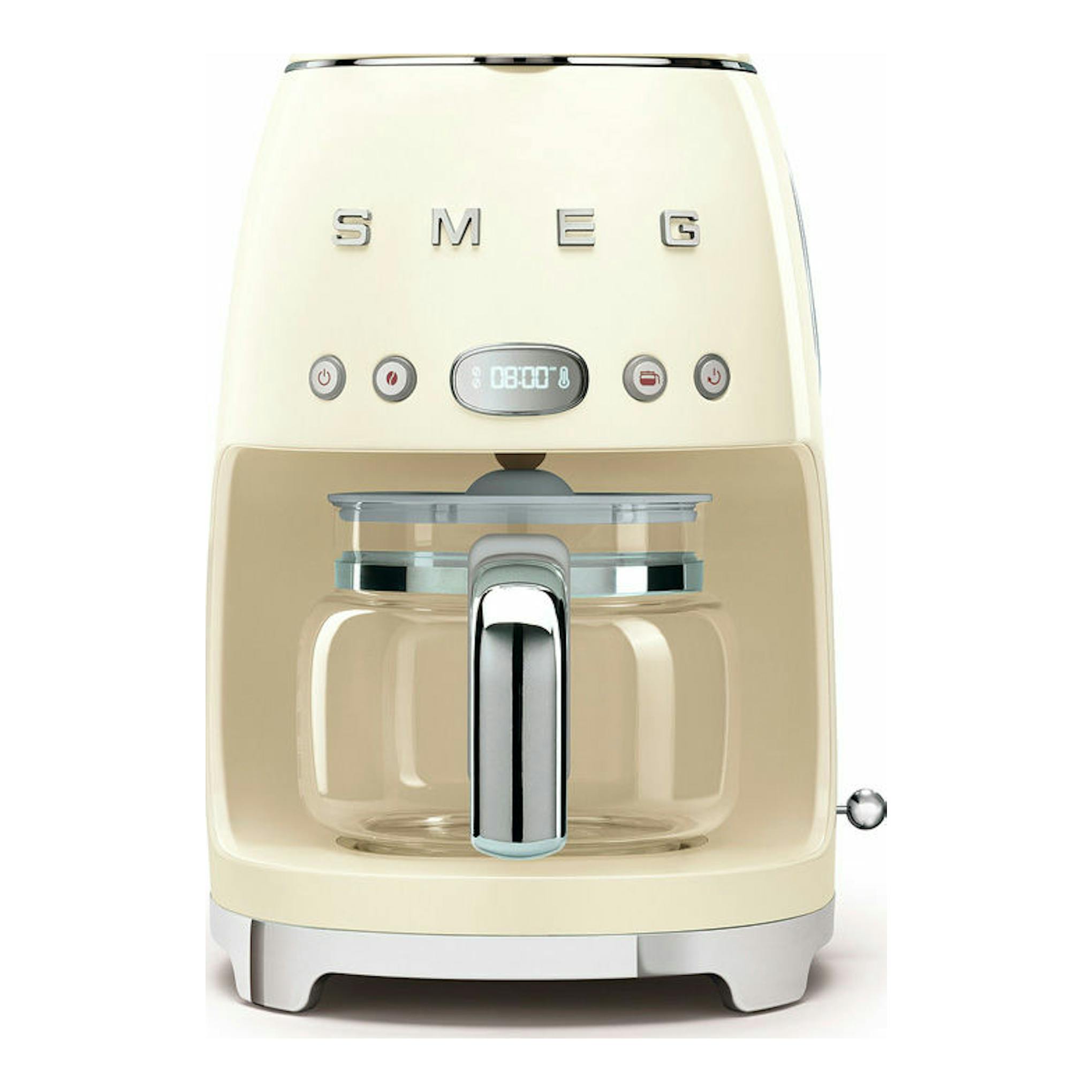 Cafetera de goteo Smeg DCF02CREU crema, vista frontal con jarra de vidrio.