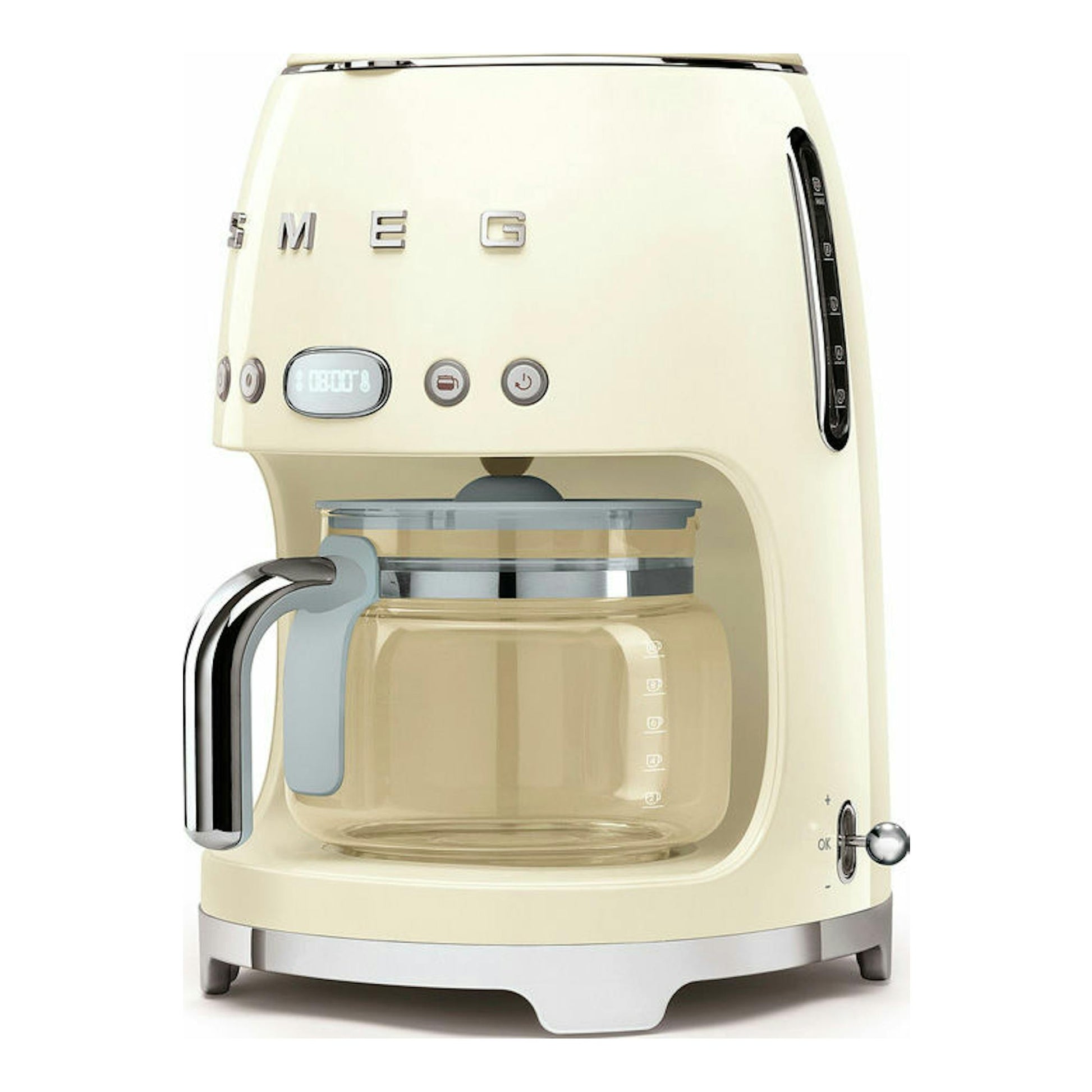 Cafetera de goteo Smeg DCF02CREU crema, vista frontal, con jarra de vidrio y detalles cromados.