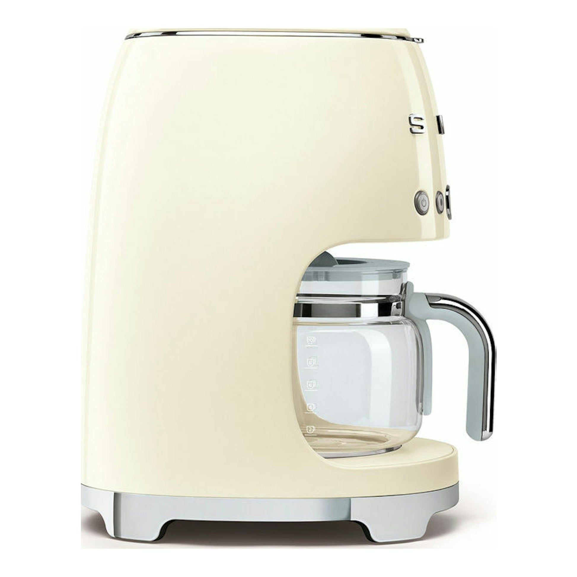 Cafetera de goteo Smeg DCF02CREU color crema, vista lateral, con jarra de vidrio y detalles cromados.