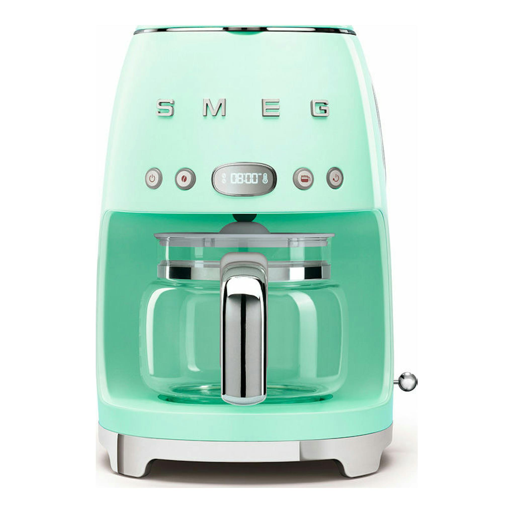 Cafetera de goteo Smeg DCF02PGEU verde pastel, vista frontal.