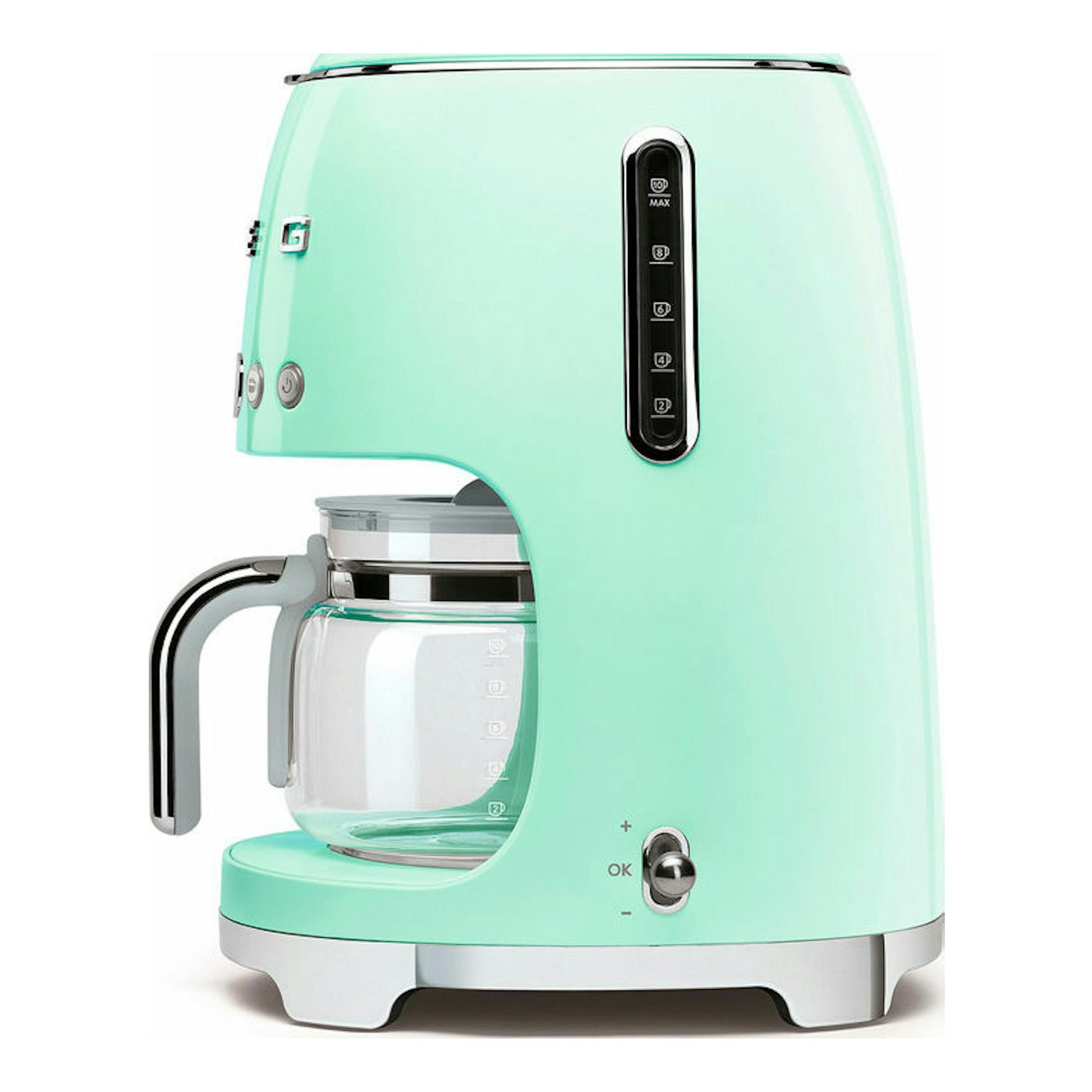 Cafetera de goteo Smeg DCF02PGEU verde pastel, vista frontal con jarra de vidrio.
