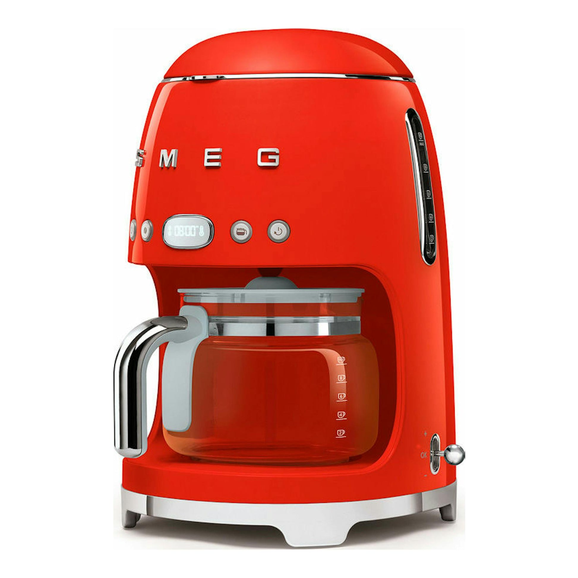 Cafetera de goteo Smeg DCF02 roja, vista frontal, con jarra de vidrio y detalles plateados.