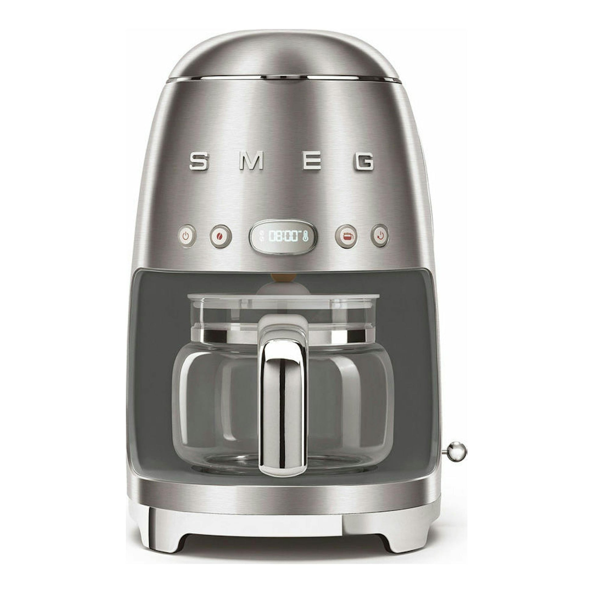 Cafetera de goteo Smeg DCF02SSEU, vista frontal, acabado silver, con jarra de vidrio.