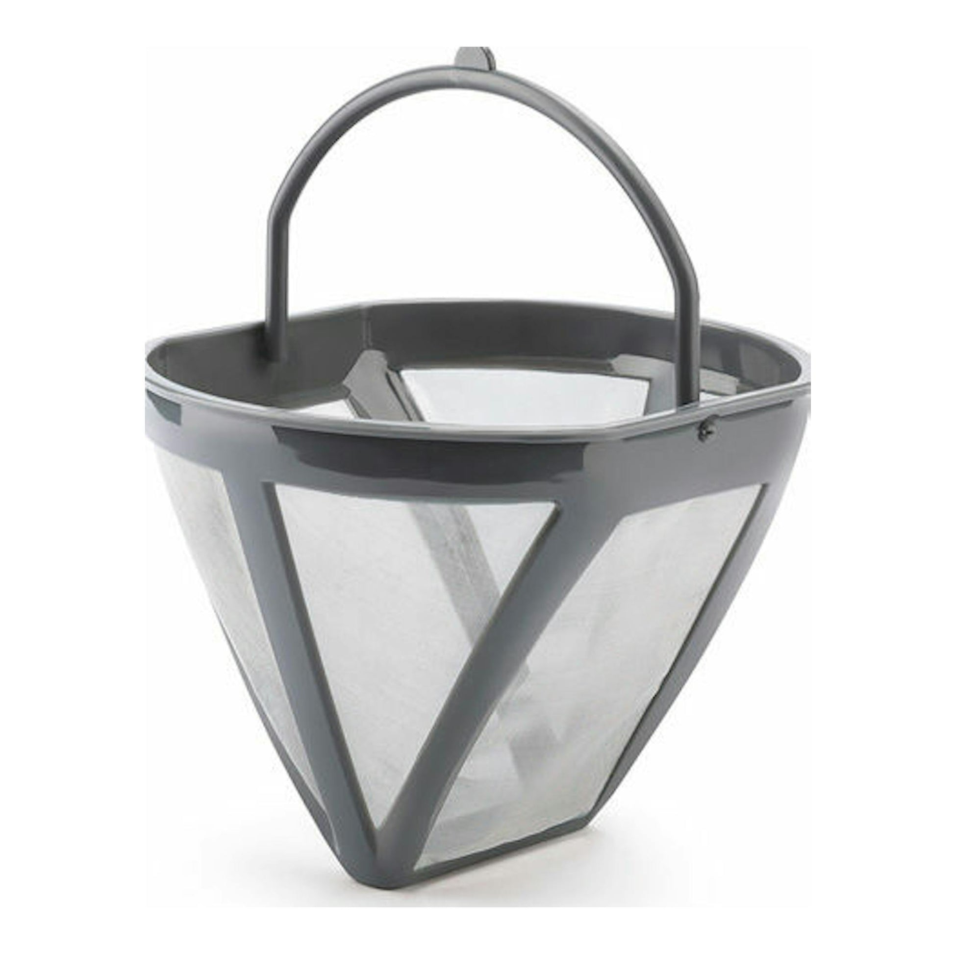 Filtro cónico plateado de cafetera Smeg DCF02SSEU, visto en ángulo, con asa superior.