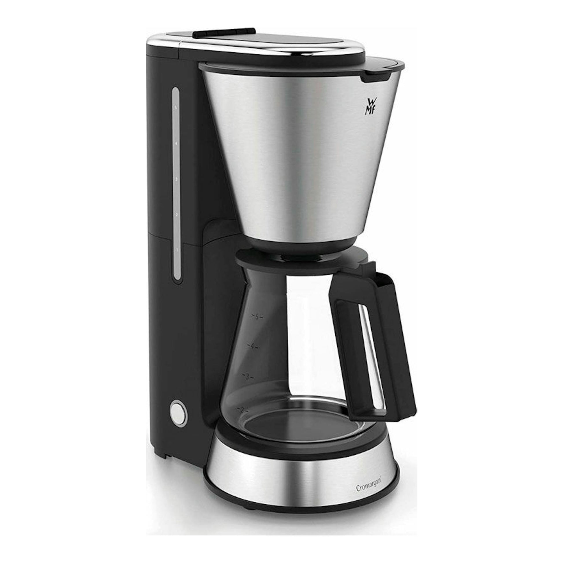 Cafetera de goteo WMF Aroma, negra y acero inoxidable, vista frontal en tres cuartos, con jarra de cristal.