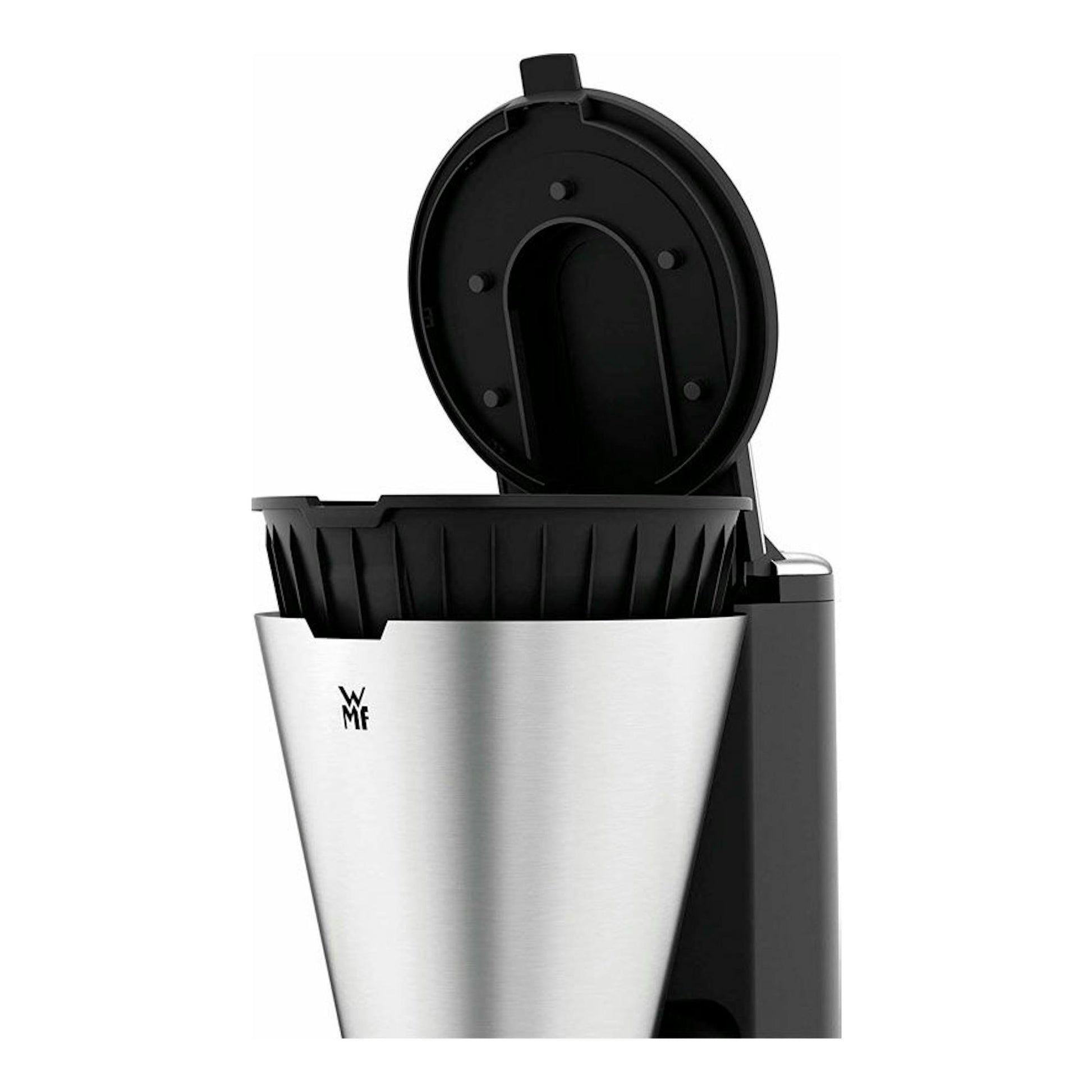 Cafetera de goteo WMF Aroma, vista frontal en negro y acero inoxidable, con tapa abierta.