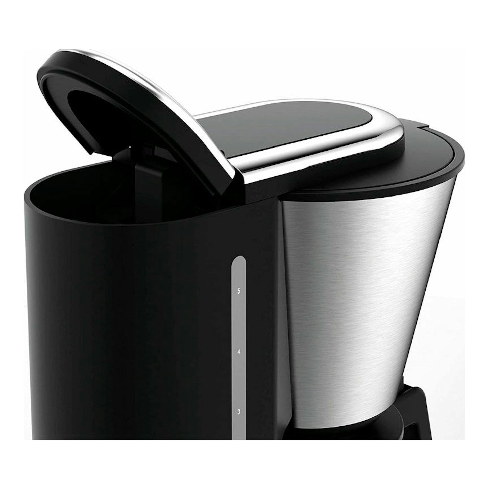 Cafetera de goteo WMF Aroma negra y acero inoxidable, vista frontal en tres cuartos, con tapa abatible abierta.