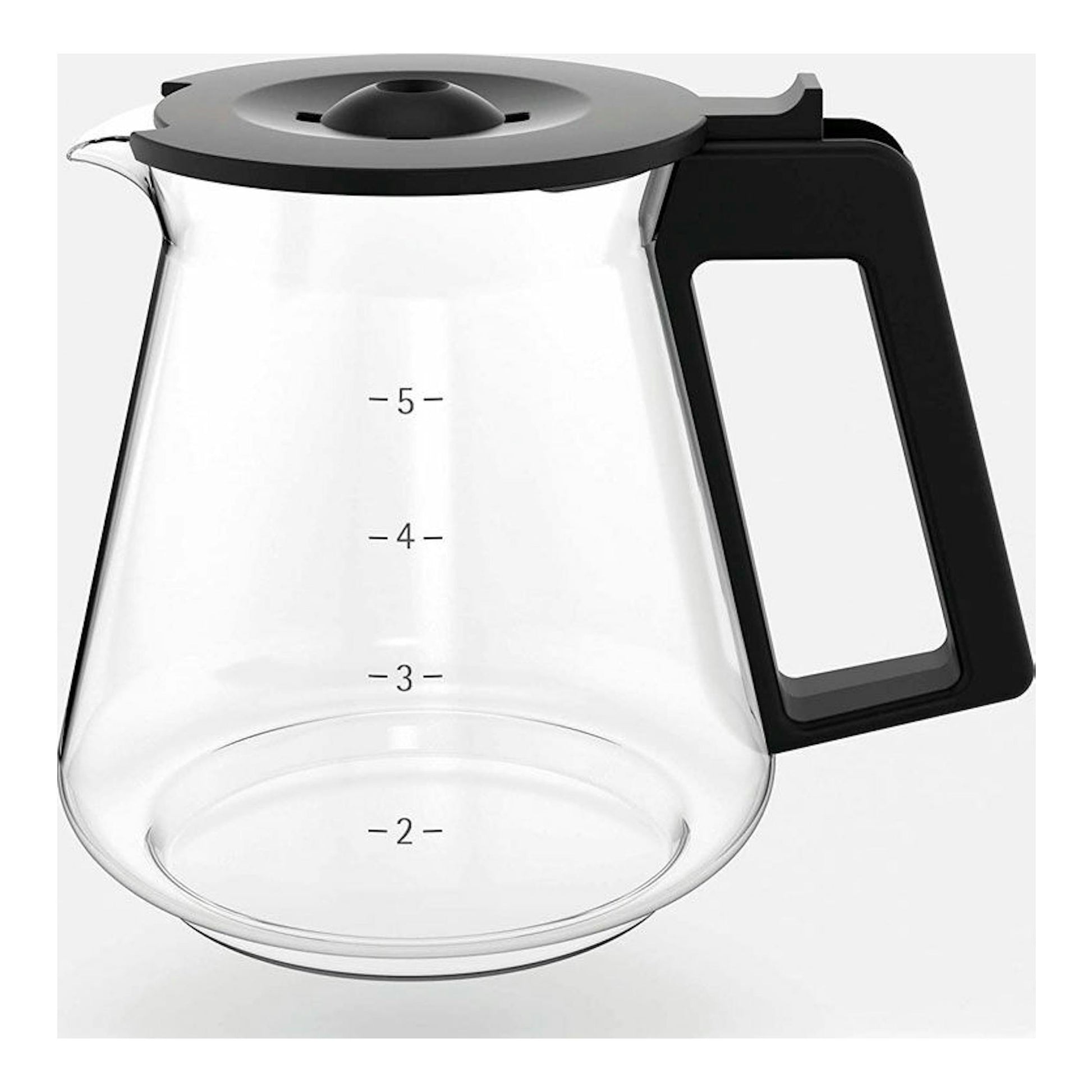 Cafetera de goteo WMF Aroma, jarra de cristal transparente con tapa y asa negras, vista frontal.