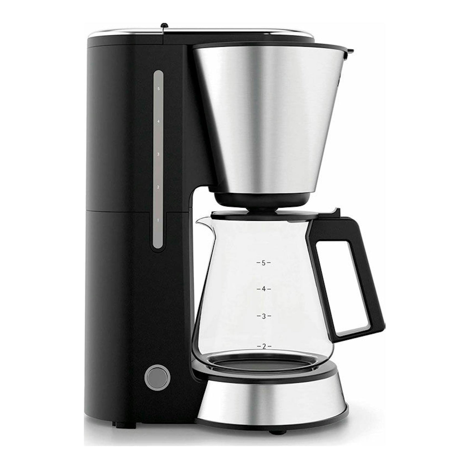 Cafetera de goteo WMF Aroma, vista frontal, negra y plateada, con jarra de cristal.