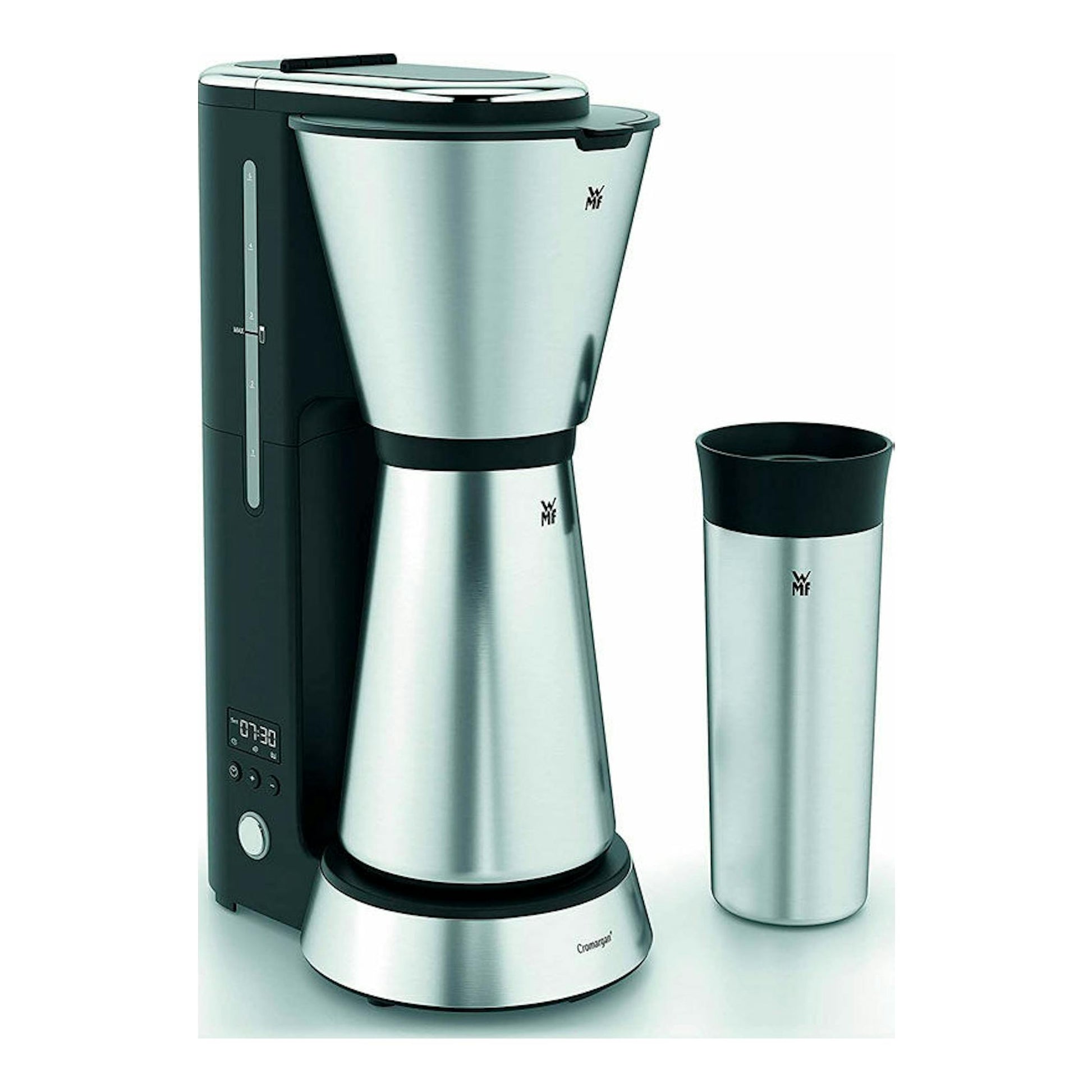 Cafetera de goteo WMF Aroma Termo KITCHENmini, vista frontal, negro y acero, con jarra térmica y vaso.