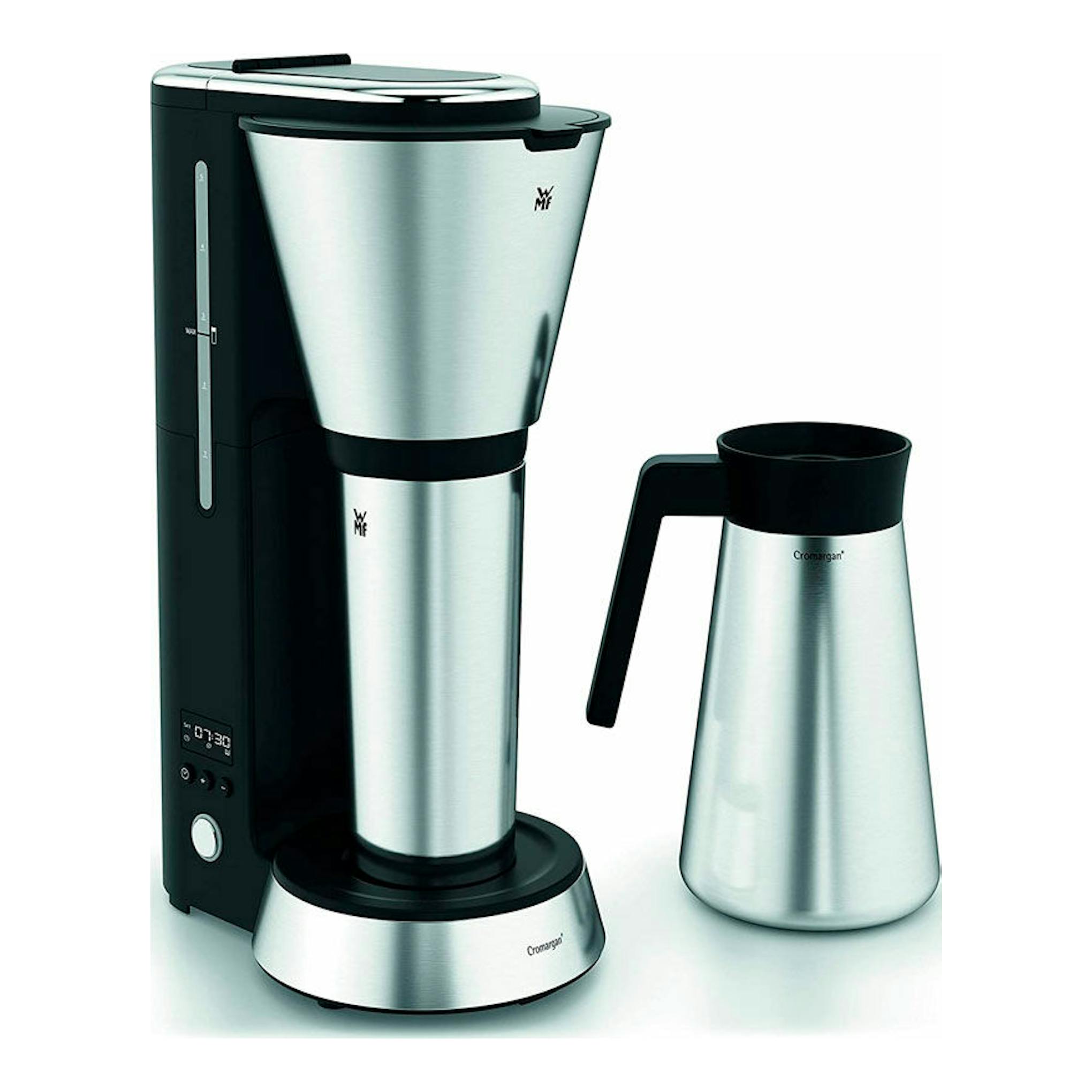 Vista frontal de cafetera de goteo WMF Aroma Termo KITCHENmini negra y acero inoxidable, con jarra térmica.