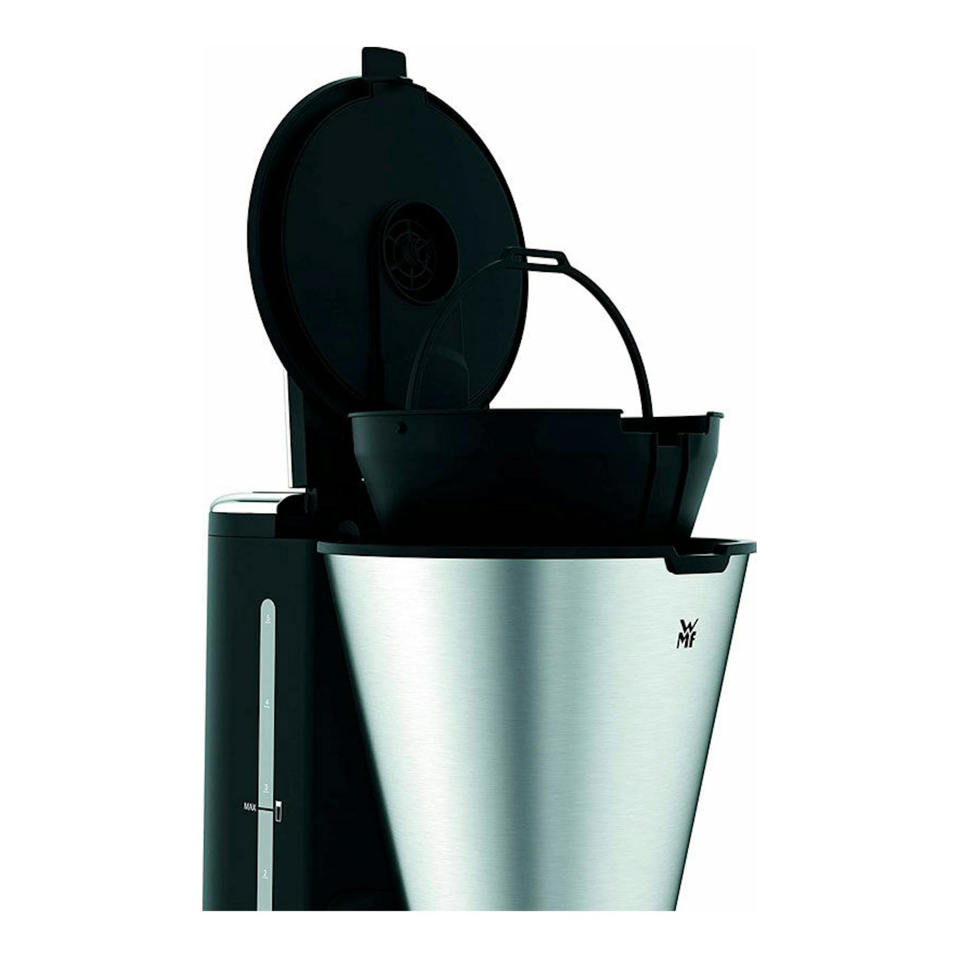 Cafetera de goteo WMF Aroma Termo KITCHENmini, negra y plata, vista frontal con tapa abierta.