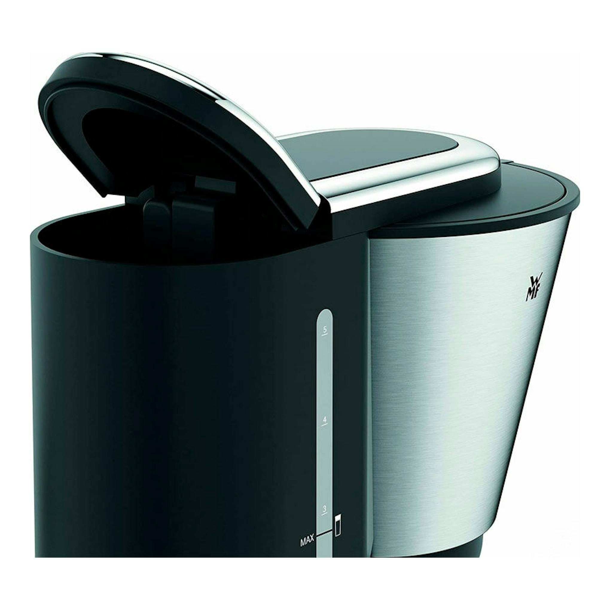 Cafetera de goteo WMF Aroma Termo KITCHENmini, negra y acero inoxidable, vista frontal con tapa abierta.