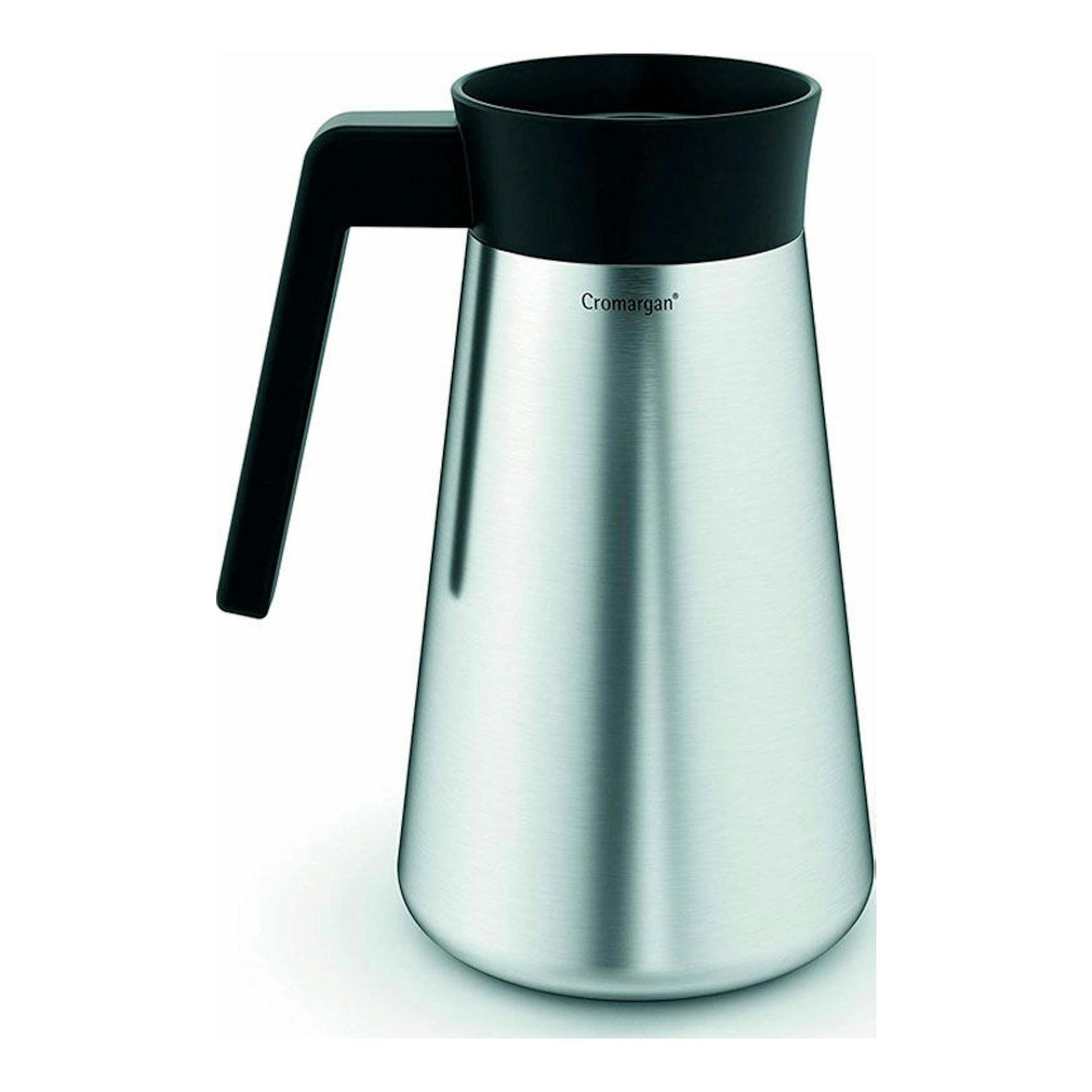 Cafetera de goteo WMF Aroma Termo KITCHENmini, jarra térmica de acero inoxidable con asa negra, vista frontal.