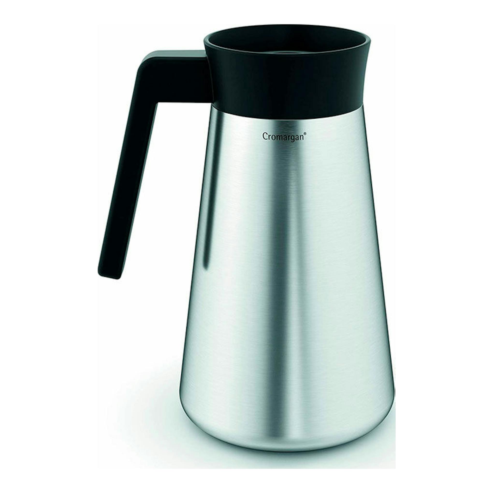 Cafetera de goteo WMF Aroma Termo KITCHENmini, jarra térmica de acero inoxidable con asa negra, vista frontal.